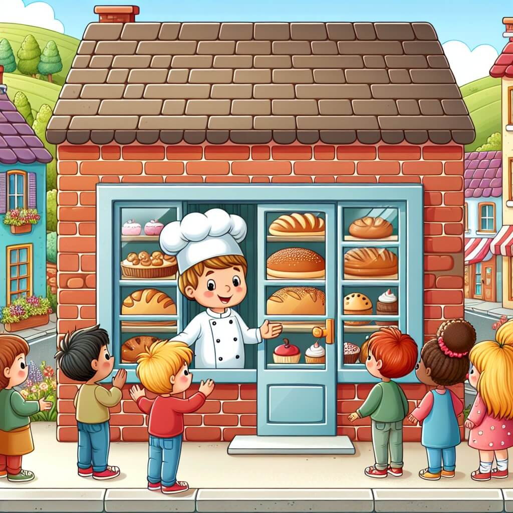 Une illustration destinée aux enfants représentant un boulanger souriant, entouré d'enfants curieux, dans une charmante boulangerie aux murs en briques rouges, avec des vitrines remplies de pains dorés et de délicieux gâteaux, située au cœur d'un village pittoresque bordé d'arbres verdoyants et de maisons colorées.