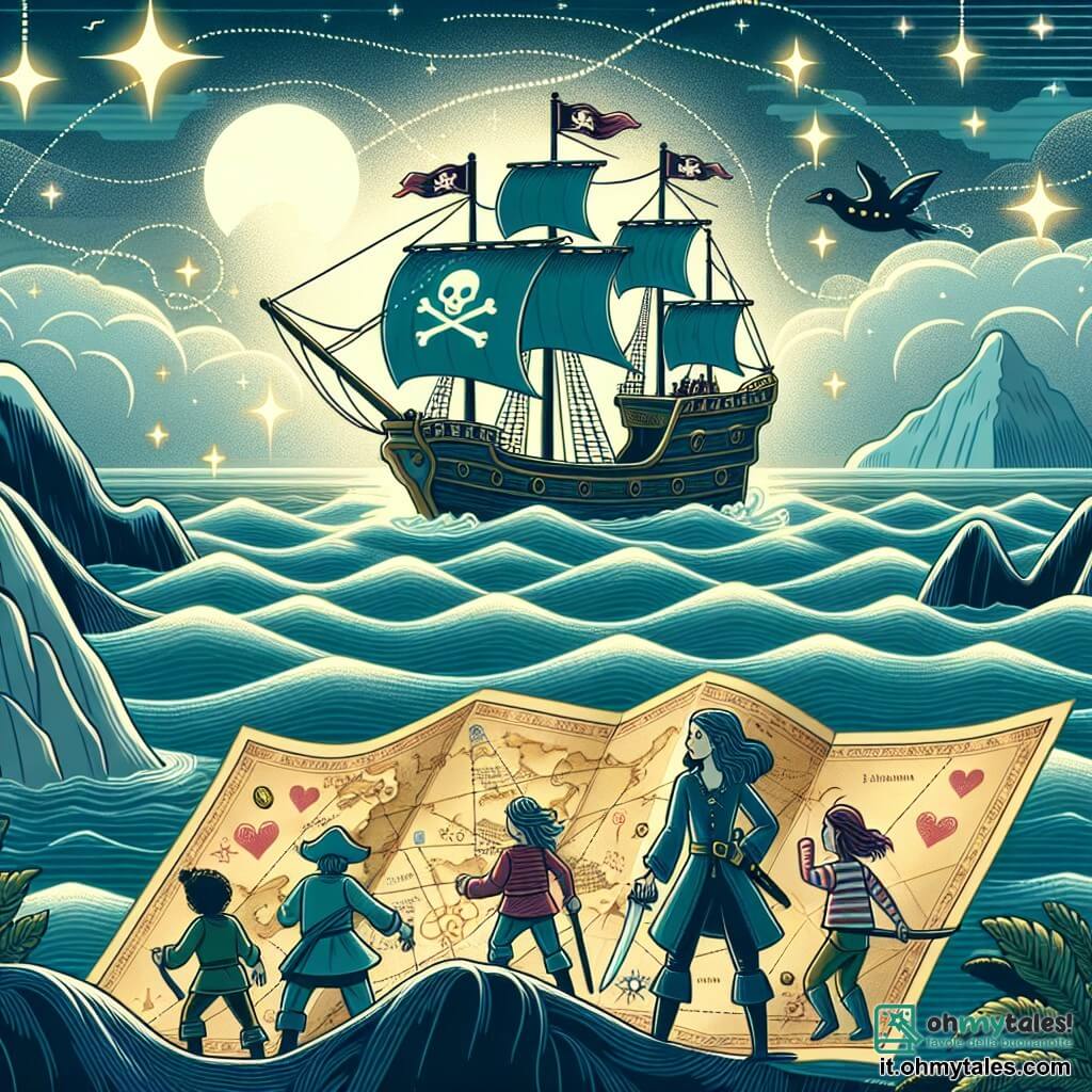 Une illustration destinée aux enfants représentant une courageuse piratessa, entourée de son équipage, naviguant sur un navire majestueux au milieu d'un océan scintillant, à la recherche d'un trésor légendaire, sur une carte au trésor ancienne et mystérieuse.