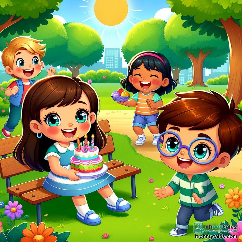 Une illustration sous forme de dessin destinée aux enfants représentant un parc ensoleillé avec des arbres verdoyants et des fleurs colorées, où une petite fille de 7 ans aux longs cheveux bruns et aux yeux azurés, souriante et pleine de vie, joue avec un groupe d'enfants, dont un garçon aux cheveux noirs et aux lunettes épaisses, assis sur une panchina et tenant des gâteaux colorés, tandis qu'un autre garçon aux cheveux blonds et à la peau claire rit en écoutant une histoire fantastique racontée par le garçon, illustrant un moment de tolérance et d'amitié où les différences sont célébrées.