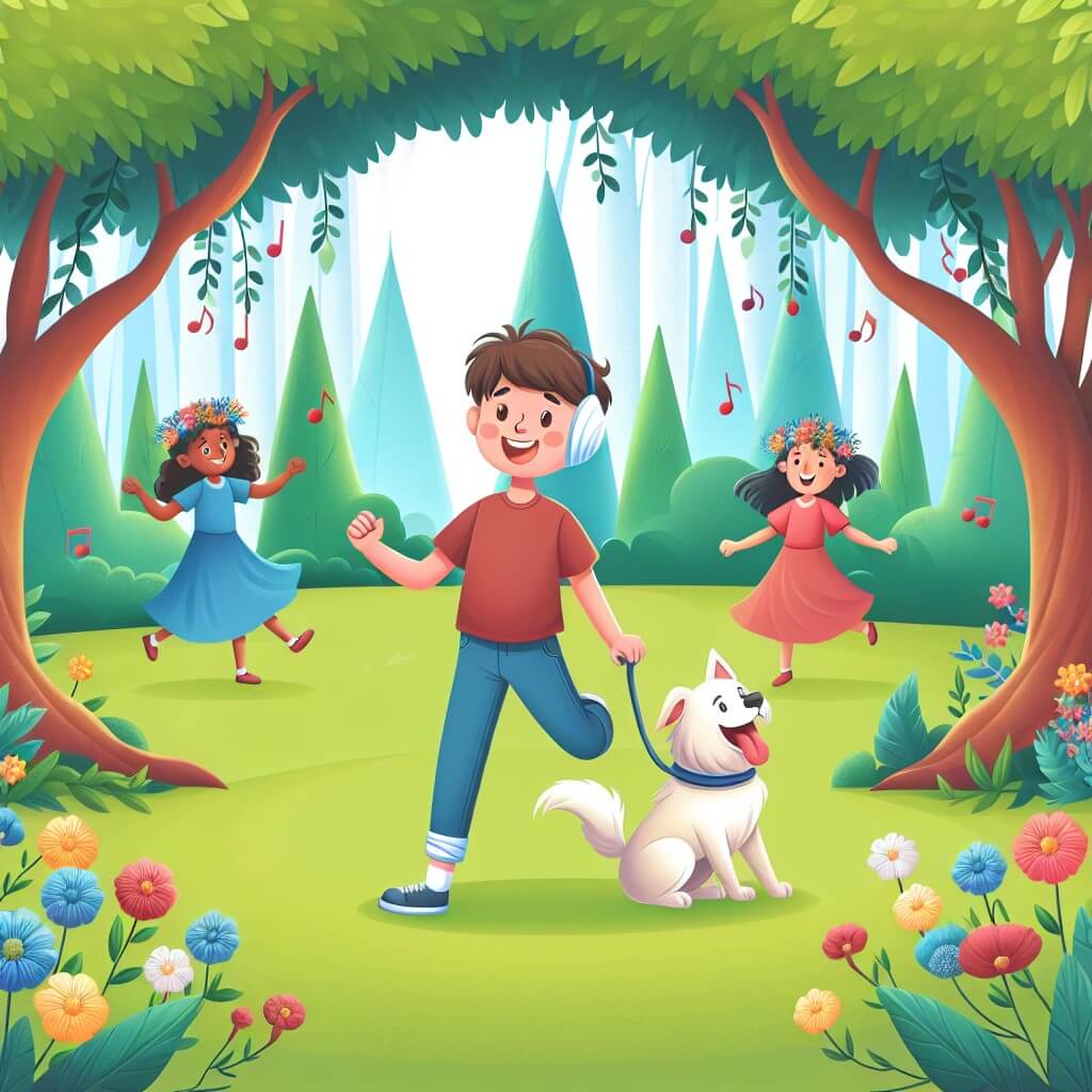 Une illustration destinée aux enfants représentant un jeune garçon plein de vie, confronté à la maladie, accompagné par un chien fidèle, dans un parc enchanté au milieu de fleurs dansantes et d'arbres chantants.