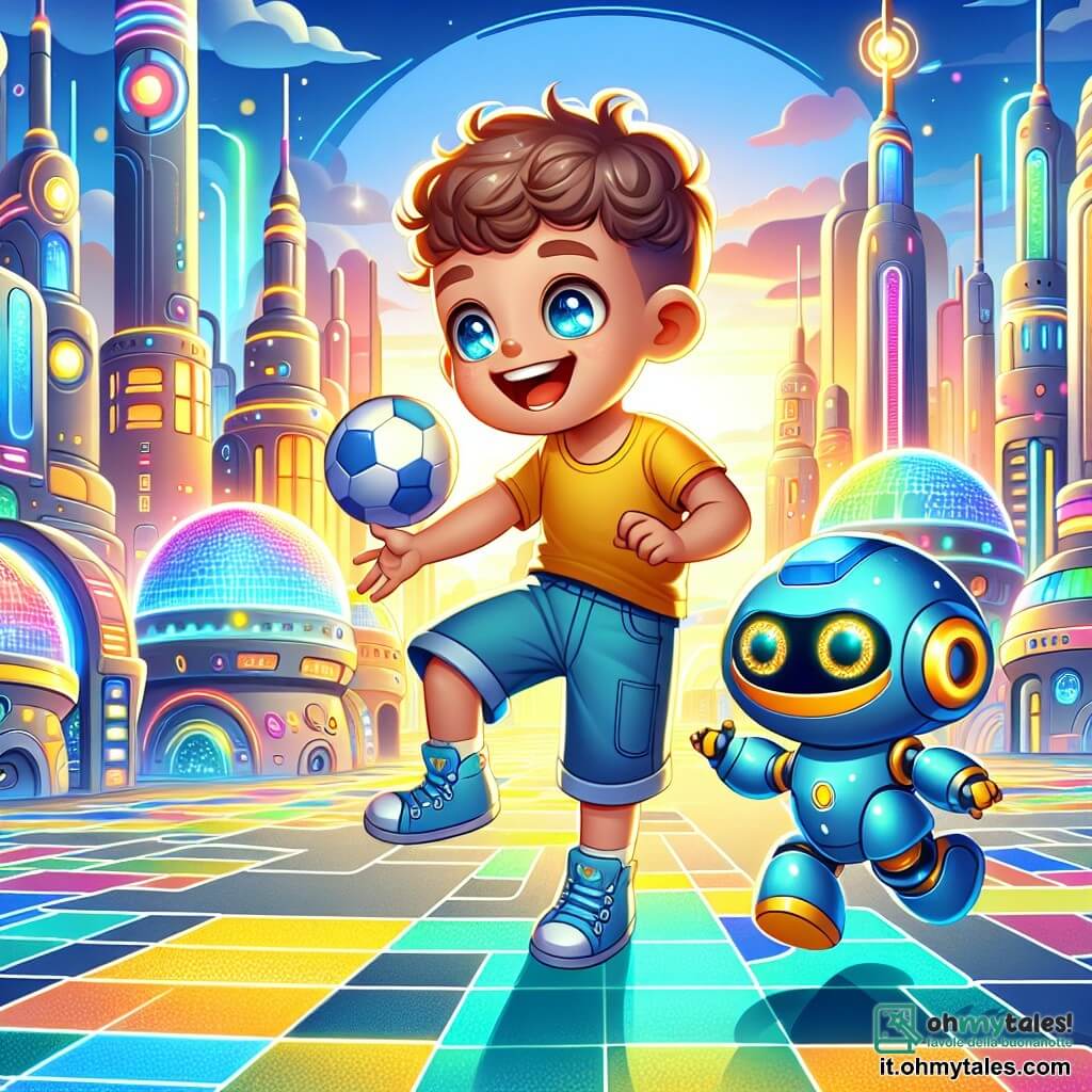 Une illustration sous forme de dessin destinée aux enfants représentant une ville futuriste colorée avec des bâtiments brillants et des routes changeant de couleur, où un garçon de 5 ans aux cheveux bouclés et aux yeux pétillants, vêtu d'un t-shirt jaune et d'un short bleu, s'amuse à jouer au ballon avec un petit robot bleu aux yeux lumineux, tandis qu'ils rient ensemble sous un ciel ensoleillé, symbolisant l'amitié et la découverte dans un monde magique.