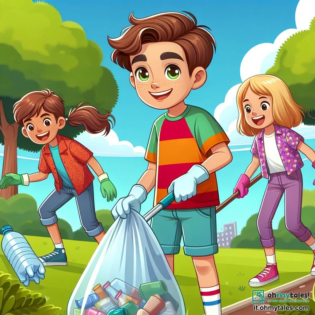 Une illustration sous forme de dessin destinée aux enfants représentant un parc verdoyant, avec des arbres majestueux et un ciel bleu éclatant, où un garçon de 11 ans aux cheveux bruns et aux yeux pétillants, vêtu d'un t-shirt coloré et de shorts, est en train de ramasser des déchets avec un grand sac en plastique, tandis que deux de ses amis, une fille aux cheveux blonds et une autre fille aux cheveux châtains, les aidant avec enthousiasme, portent des gants et sourient, créant une atmosphère de camaraderie et d'engagement pour la protection de l'environnement.