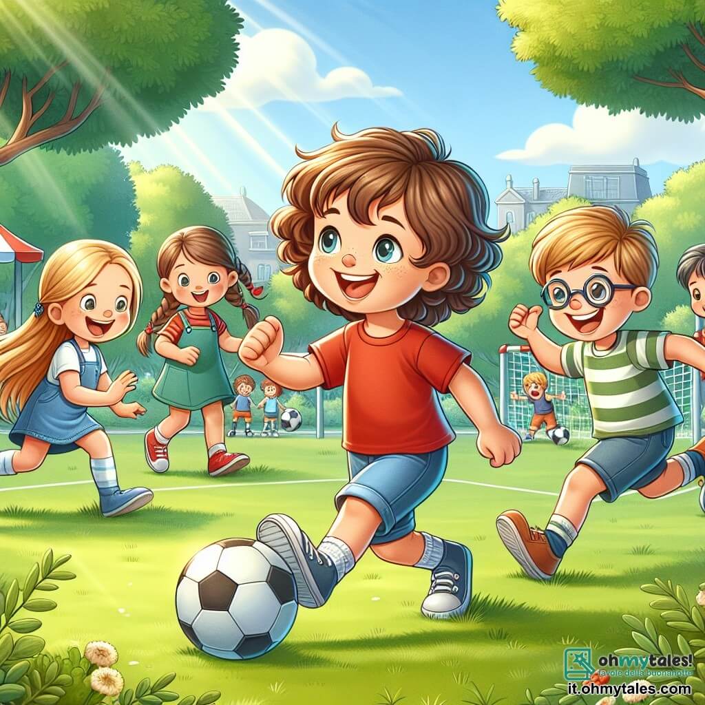 Une illustration sous forme de dessin destinée aux enfants représentant un parc ensoleillé avec des arbres verdoyants et une aire de jeux animée, où un garçon de 8 ans aux cheveux bruns et bouclés, portant un t-shirt rouge et un short bleu, rit joyeusement en jouant au football avec ses amis, dont une fille aux cheveux longs et blonds en tresse qui s'apprête à lancer le ballon, tandis qu'un autre garçon aux lunettes et aux cheveux châtains les encourage depuis le côté, illustrant ainsi le moment où ils découvrent le plaisir de jouer ensemble à l'extérieur, loin des écrans.