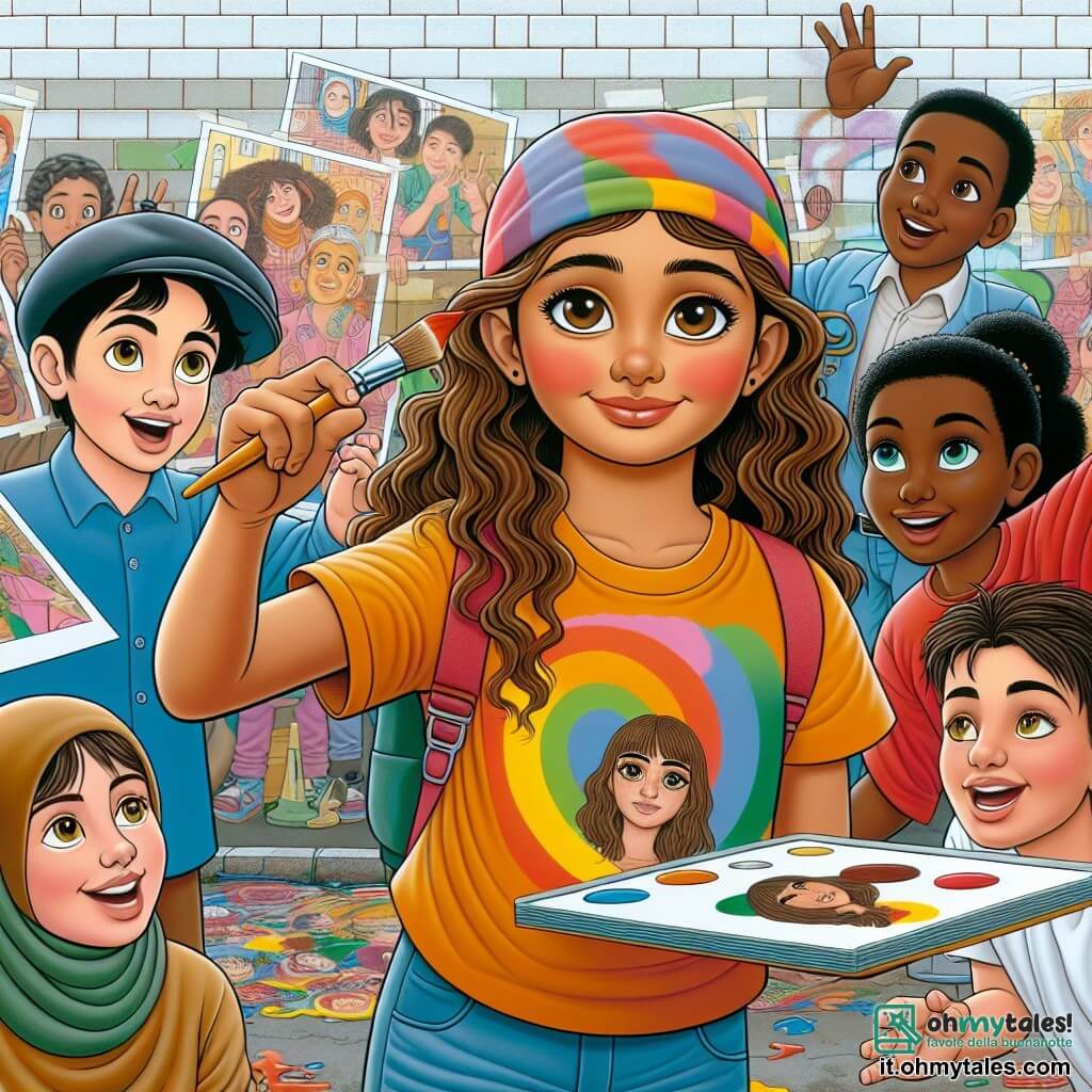Une illustration sous forme de dessin destinée aux enfants représentant un vibrant murale coloré dans une cour d'école à Milan, où une fille de 11 ans aux longs cheveux bouclés et à la peau claire, vêtue d'un t-shirt coloré, peint avec enthousiasme des images symbolisant l'amitié et la diversité, entourée de ses camarades : un garçon d'origine marocaine avec la peau olive, portant une casquette, qui tient un pinceau, et une fille d'origine sicilienne avec des cheveux bruns et des yeux pétillants, qui montre une photo de sa famille, le tout illustrant le thème de l'acceptation et du respect des différences culturelles.