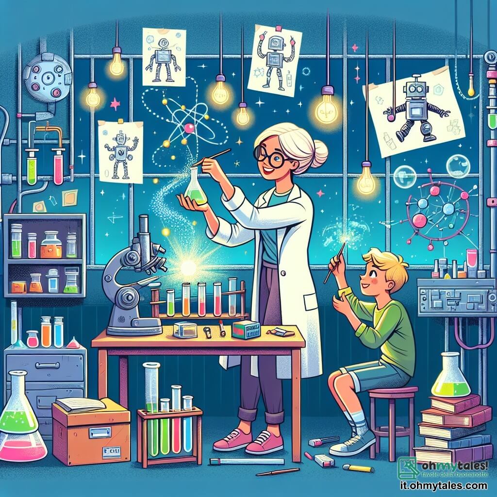 Une illustration destinée aux enfants représentant une inventrice passionnée, créant des inventions magiques avec l'aide de son jeune frère, dans un laboratoire lumineux rempli de tubes à essai colorés, de livres de science empilés et de dessins de robots suspendus au plafond.