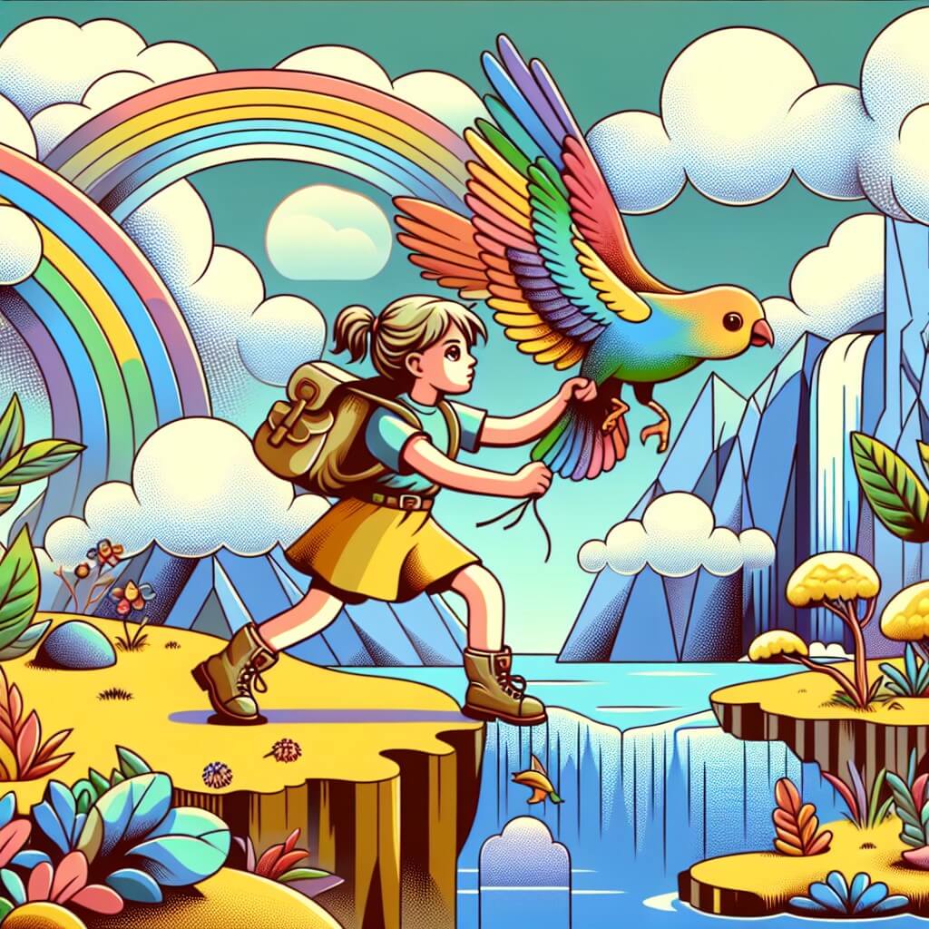 Une illustration destinée aux enfants représentant une jeune fille intrépide, confrontée à un défi impossible avec l'aide d'un petit oiseau coloré, dans un monde fantastique rempli de montagnes flottantes et de cascades arc-en-ciel.