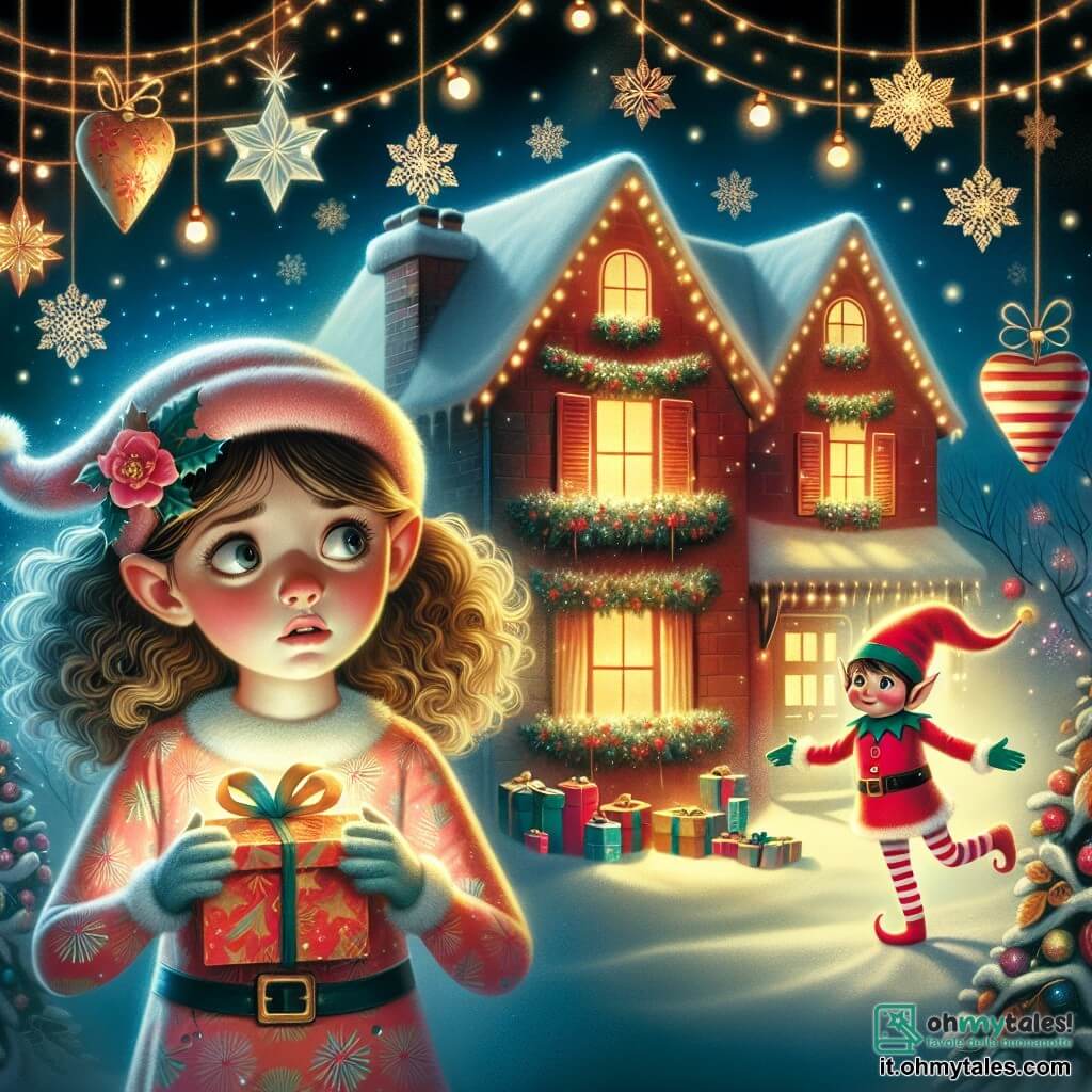 Une illustration destinée aux enfants représentant une jeune fille aux cheveux bouclés, une mystérieuse disparition de cadeaux de Noël, un elfe de Noël lumineux et une maison décorée de guirlandes scintillantes et de flocons de neige en papier, pleine de chaleur et de magie.