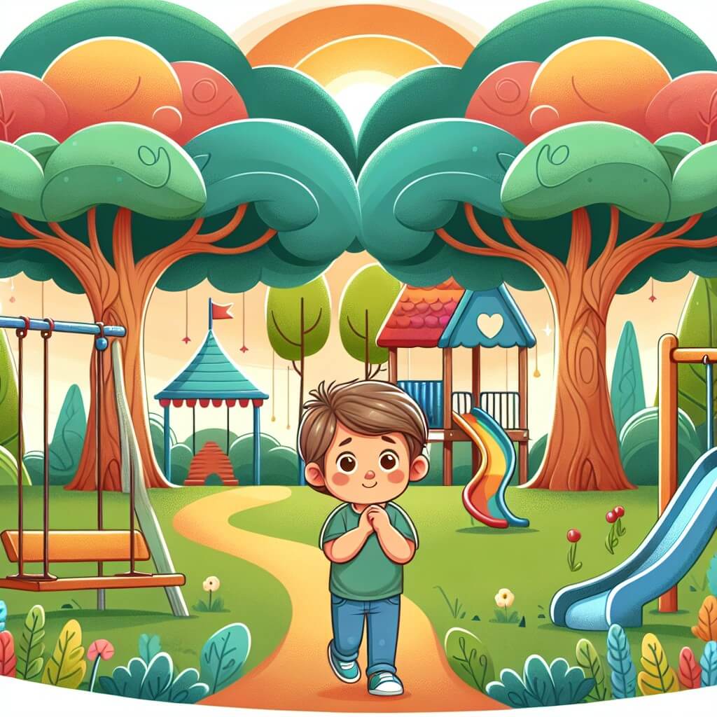 Une illustration destinée aux enfants représentant un jeune garçon curieux et timide, se faisant des amis dans un parc rempli d'arbres majestueux, balançoires colorées et toboggans étincelants.