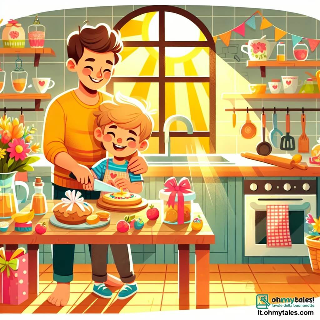 Une illustration destinée aux enfants représentant un petit garçon préparant un cadeau pour sa maman avec l'aide de son père dans une cuisine ensoleillée et colorée pour la fête des mères.