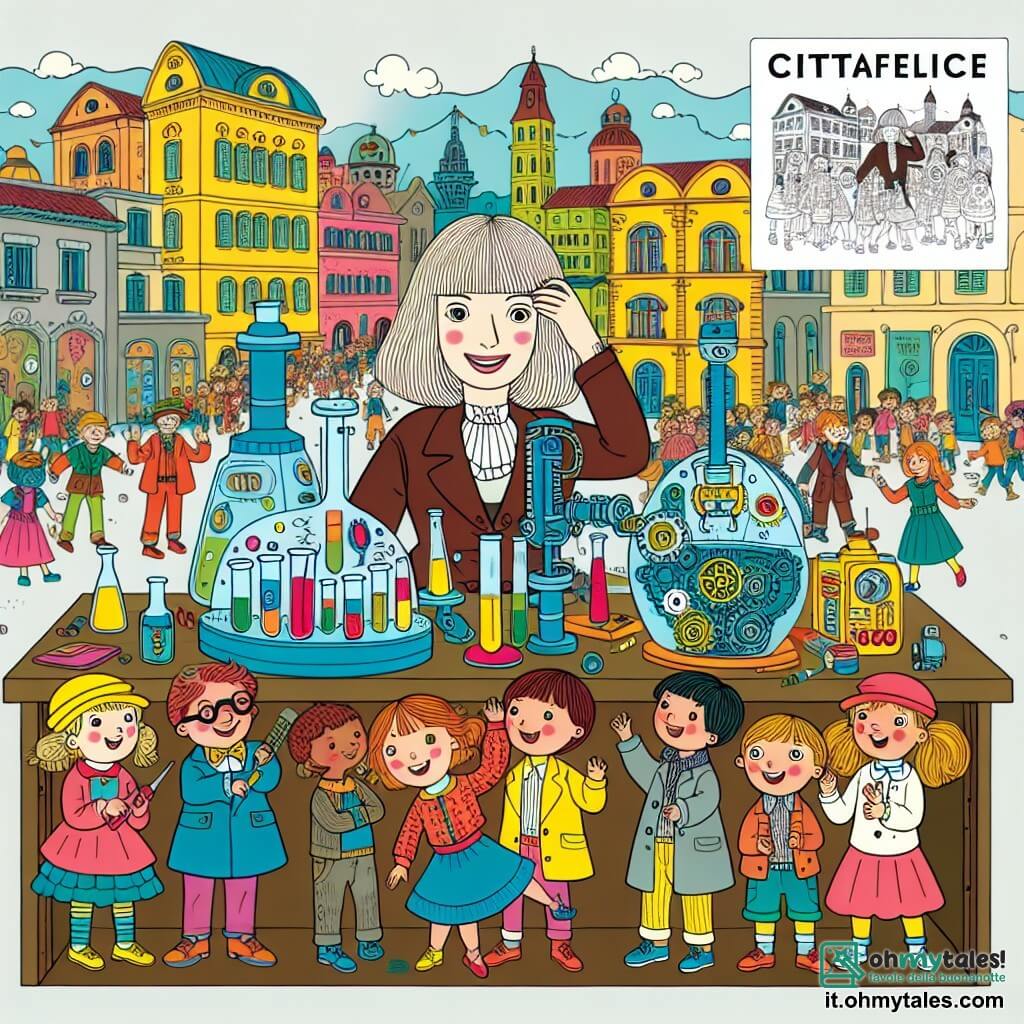 Une illustration destinée aux enfants représentant une femme inventrice, entourée d'un groupe d'enfants curieux, dans son laboratoire rempli de machines étranges et colorées, situé au cœur d'une petite ville animée et joyeuse appelée Cittàfelice.