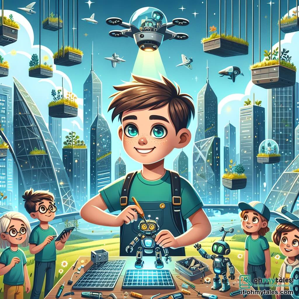 Une illustration sous forme de dessin destinée aux enfants représentant une ville futuriste scintillante avec des gratte-ciels recouverts de verdure et des véhicules volants dans le ciel, où un garçon de 11 ans aux cheveux bruns et aux yeux pétillants, concentré et souriant, travaille sur un robot en utilisant des outils technologiques, tandis qu'un groupe d'amis, dont une fille aux cheveux blonds et une casquette, et un garçon aux lunettes futuristes, l'observe avec admiration, tous entourés de panneaux solaires et de jardins suspendus, illustrant l'esprit d'innovation et de collaboration dans leur quête pour créer un dispositif écologique.
