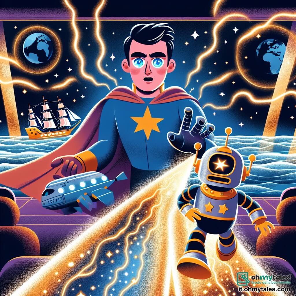 Une illustration destinée aux enfants représentant un homme au regard brillant, affrontant un villain maléfique pour sauver un planète menacée, accompagné de son fidèle robot aux yeux lumineux, dans un vaisseau spatial scintillant traversant une barrière énergétique chatoyante.