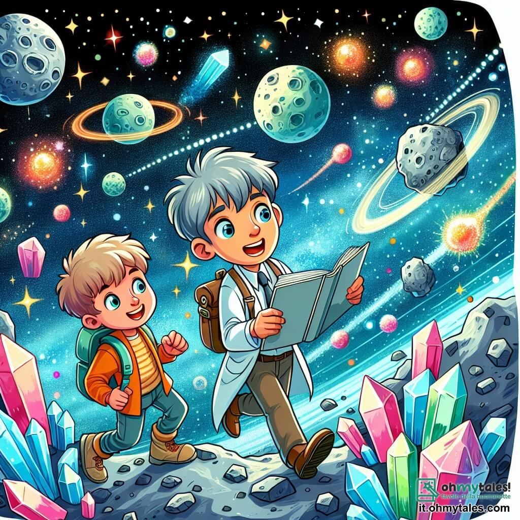 Une illustration destinée aux enfants représentant un jeune aventurier intrépide, une scientifique curieuse, explorant un lointain astéroïde parsemé de cristaux scintillants, dans un système solaire lointain aux couleurs chatoyantes.
