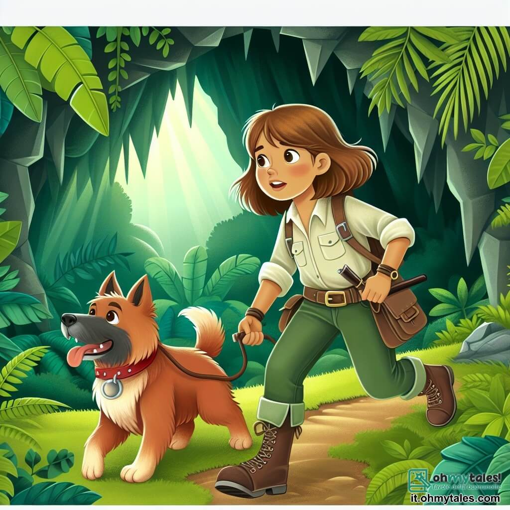 Une illustration destinée aux enfants représentant une jeune exploratrice intrépide, accompagnée de son fidèle chien, découvrant une grotte mystérieuse cachée au cœur d'une dense jungle verdoyante.