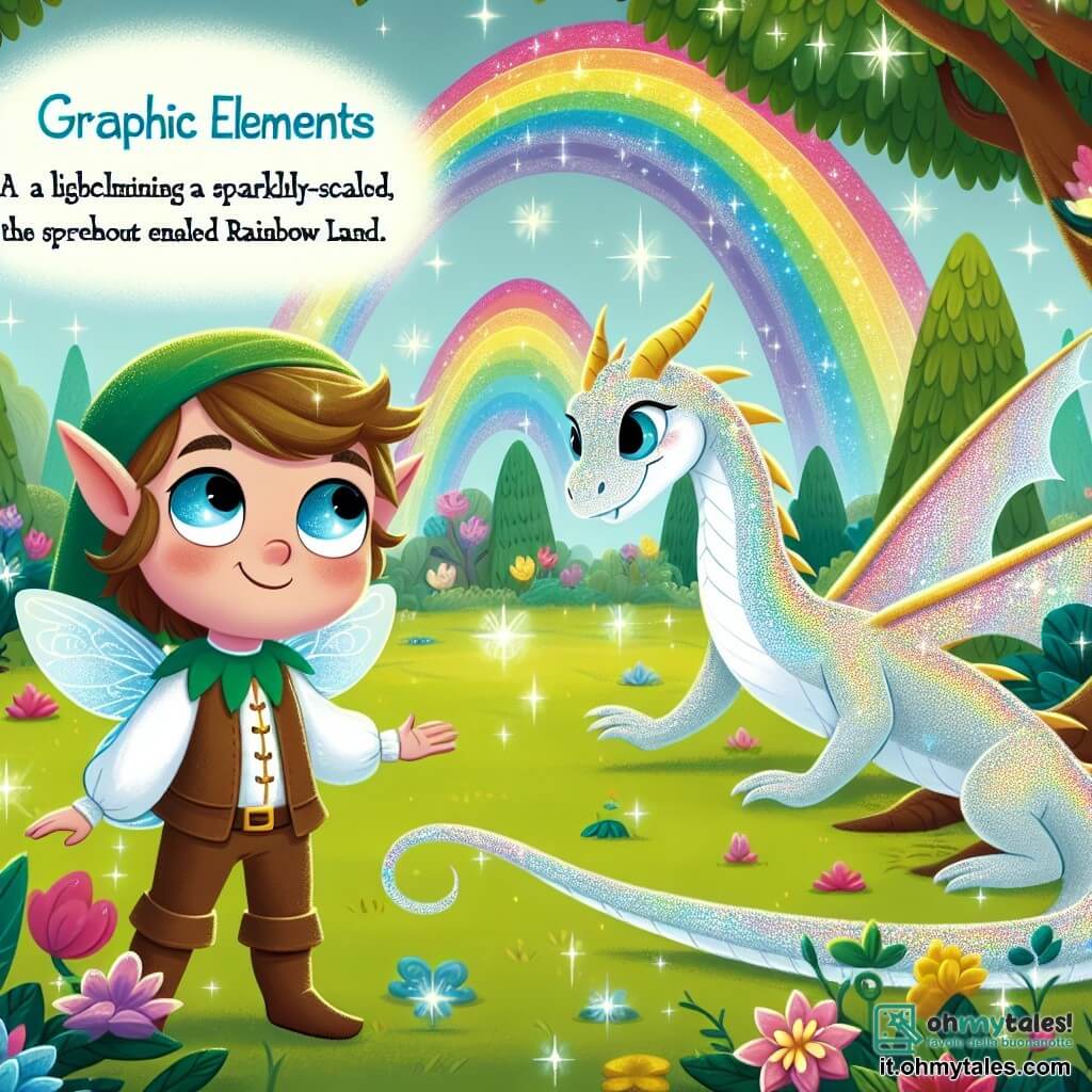 Une illustration destinée aux enfants représentant un(e) elfe lumineux(e) découvrant un monde magique, accompagné(e) d'un adorable dragonneau aux écailles scintillantes, dans la splendide clairière enchantée de la Terre des Arc-en-Ciel.