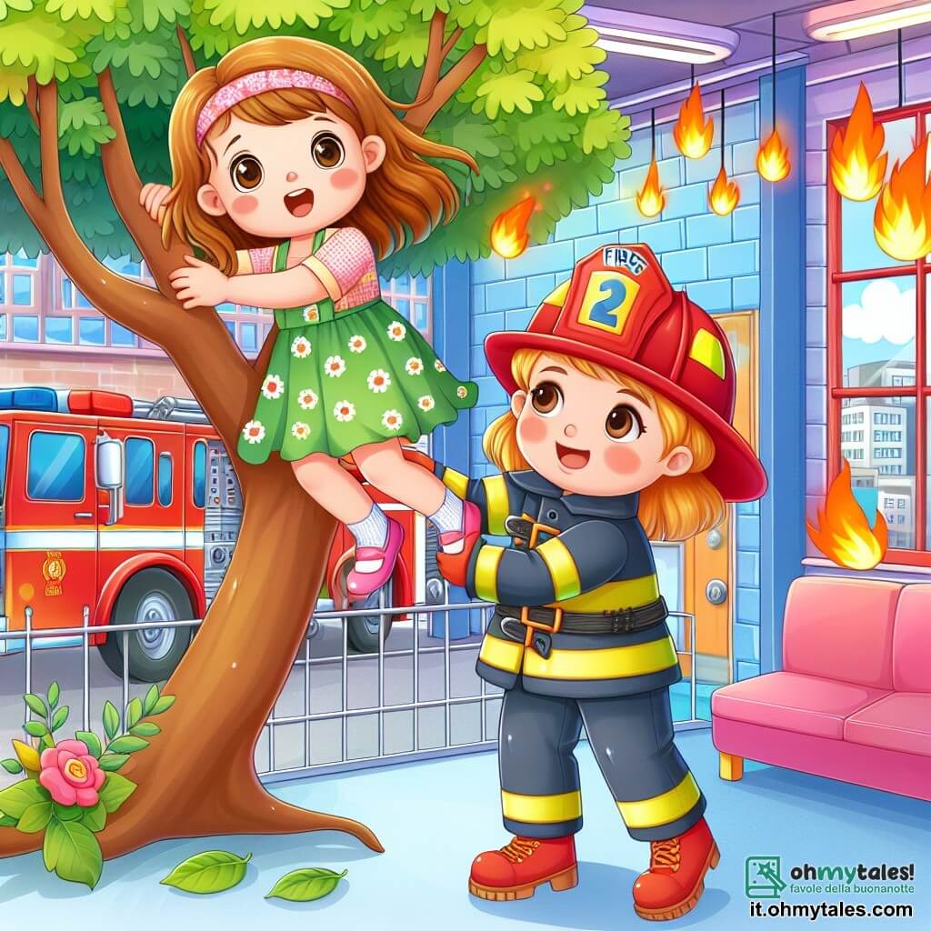 Une illustration destinée aux enfants représentant une jeune pompière courageuse en train de sauver une petite fille coincée dans un arbre, à l'intérieur d'une caserne de pompiers colorée et animée.