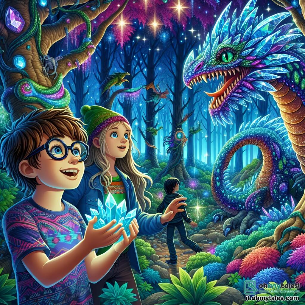 Illustrazione che rappresenta una scena vibrante in una foresta extraterrestre colorata, dove alberi dai tronchi scintillanti e foglie luminescenti creano un'atmosfera magica. In primo piano, un ragazzo di undici anni con capelli castani e occhiali spessi, sorridente e meravigliato, tiene un cristallo brillante tra le mani. Accanto a lui, una ragazza di undici anni con lunghi capelli biondi e un vestito colorato, con gli occhi spalancati, osserva un enorme drago di cristallo con squame scintillanti e occhi profondi, che sembra curioso e amichevole. Sullo sfondo, un altro ragazzo di undici anni, con capelli neri e una maglietta a motivi, si avvicina al drago, pronto a interrogarlo. La scena trasmette un'atmosfera di avventura e scoperta, con stelle scintillanti sopra e creature strane che si nascondono dietro gli alberi, aggiungendo un tocco di mistero a questo incontro incredibile.
