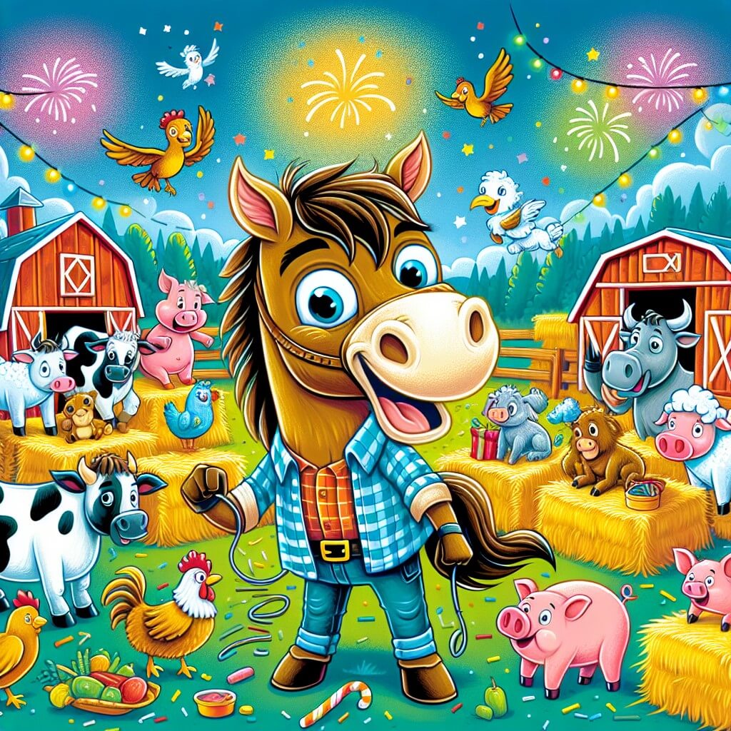 Une illustration destinée aux enfants représentant un cheval malicieux qui organise une fête surprise avec ses amis animaux dans une ferme colorée et animée.