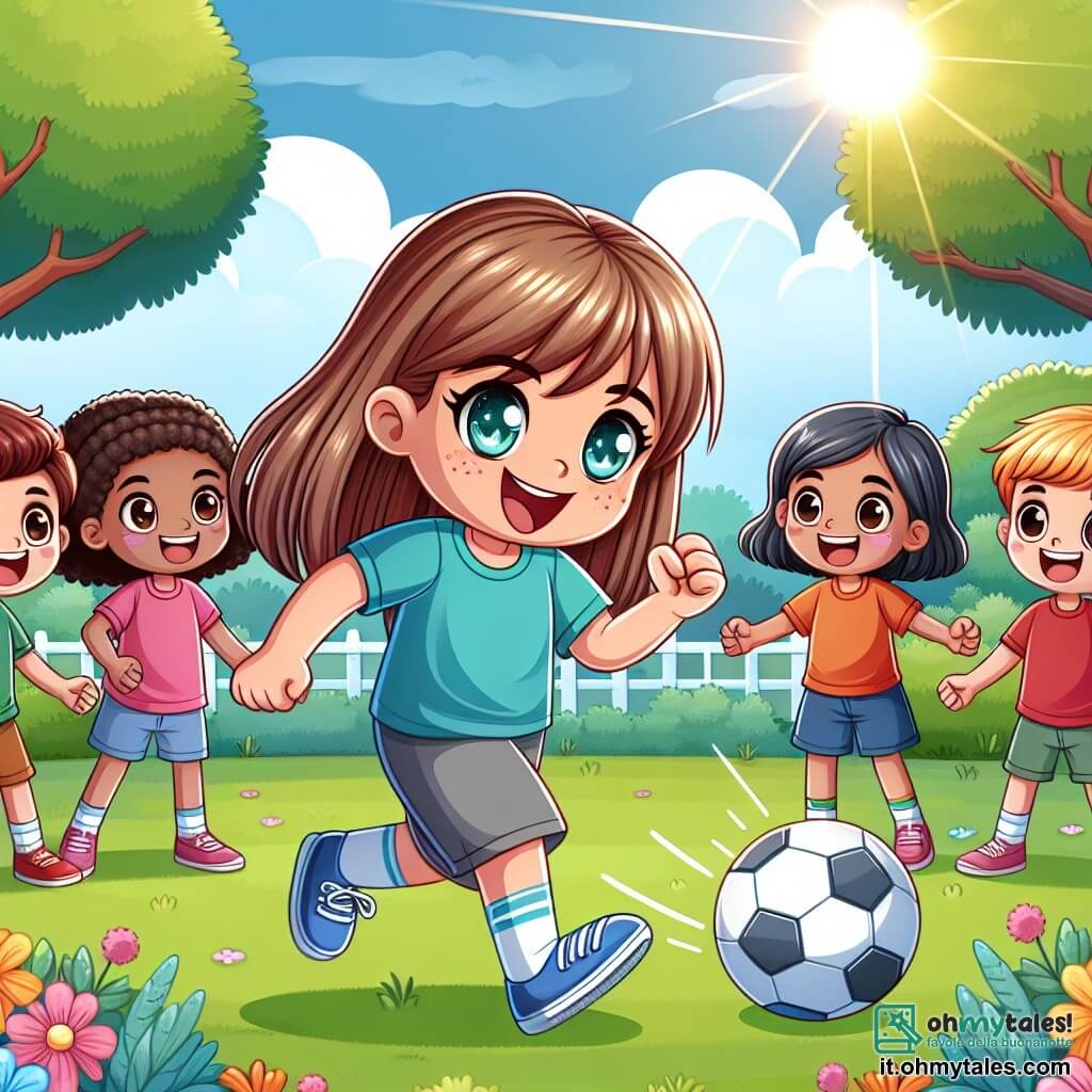 Une illustration sous forme de dessin destinée aux enfants représentant un parc ensoleillé avec des arbres colorés et des fleurs éclatantes, où une fille de 8 ans aux longs cheveux bruns et aux yeux pétillants, souriante et déterminée, dribble un ballon de football, entourée de plusieurs camarades de classe, dont une autre fille aux cheveux courts et à la t-shirt bleu, qui l'encourage avec enthousiasme, illustrant la scène où elles s'unissent pour prouver que les filles peuvent jouer au football tout autant que les garçons, avec des rires et des sourires rayonnants, symbolisant l'égalité et la solidarité.