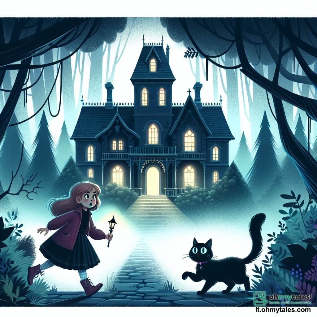 Une illustration destinée aux enfants représentant une jeune fille courageuse explorant un manoir hanté, accompagnée d'un chat noir aux yeux brillants, dans une forêt sombre et mystérieuse enveloppée de brume épaisse.