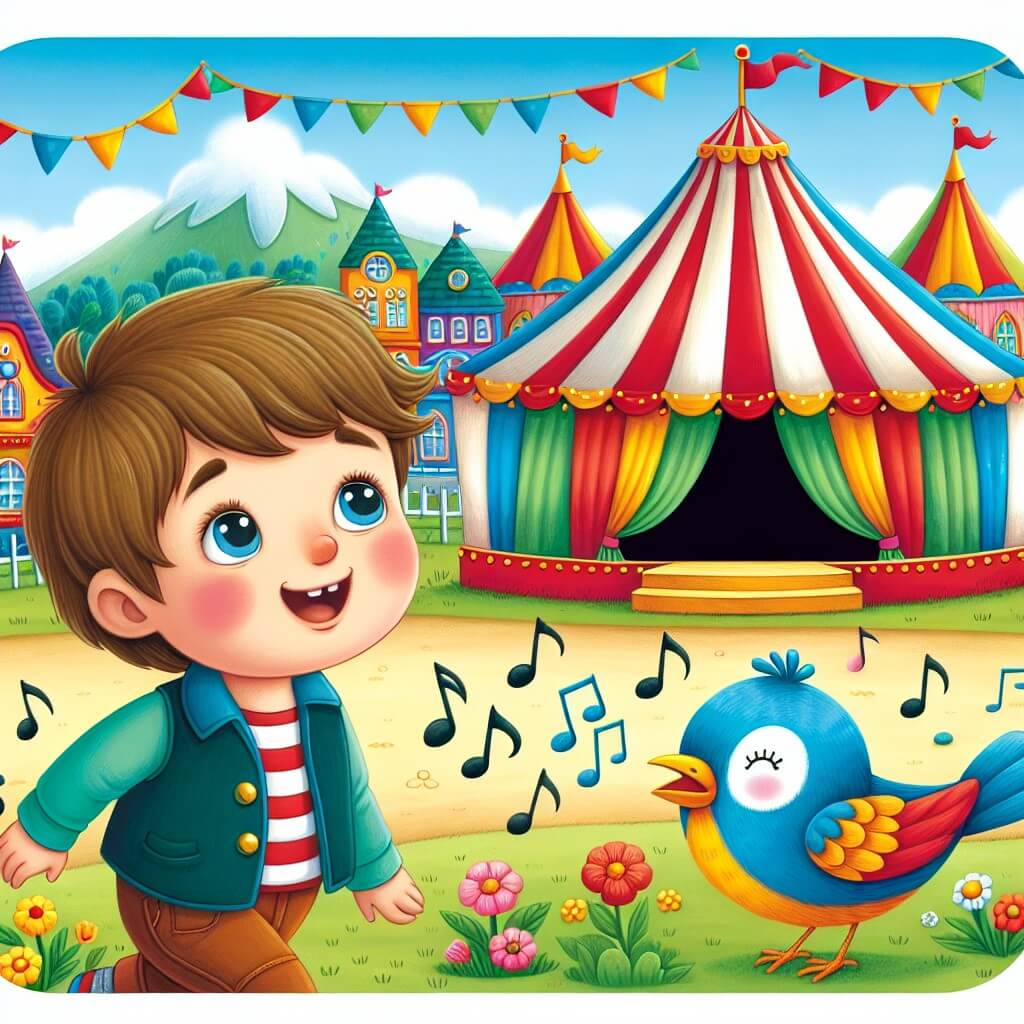 Une illustration destinée aux enfants représentant un jeune garçon plein d'émerveillement devant un cirque coloré, accompagné d'un petit oiseau chanteur, dans un village pittoresque avec un grand chapiteau et des drapeaux virevoltants.
