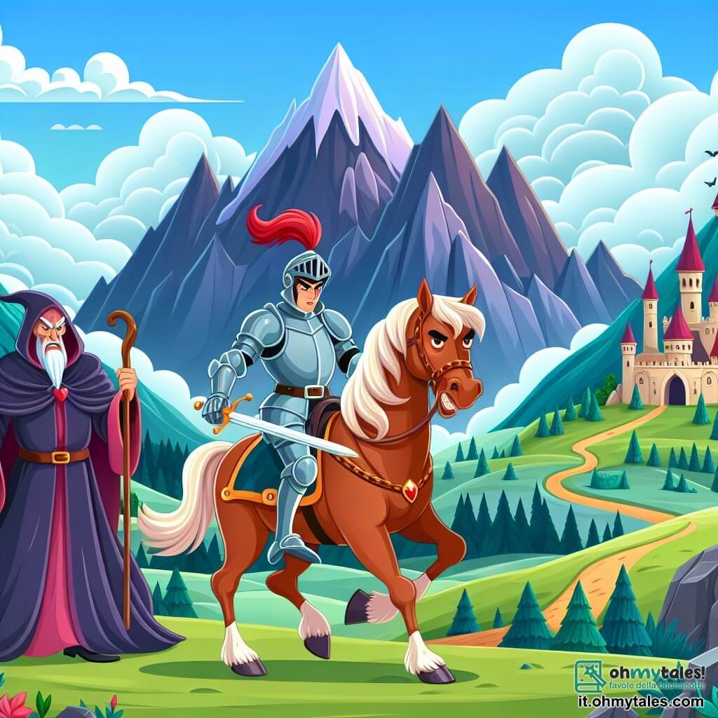 Une illustration destinée aux enfants représentant un courageux chevalier, piégé par un stregone maléfique, accompagné de son fidèle destrier, dans un royaume enchanteur au pied d'une montagne majestueuse.