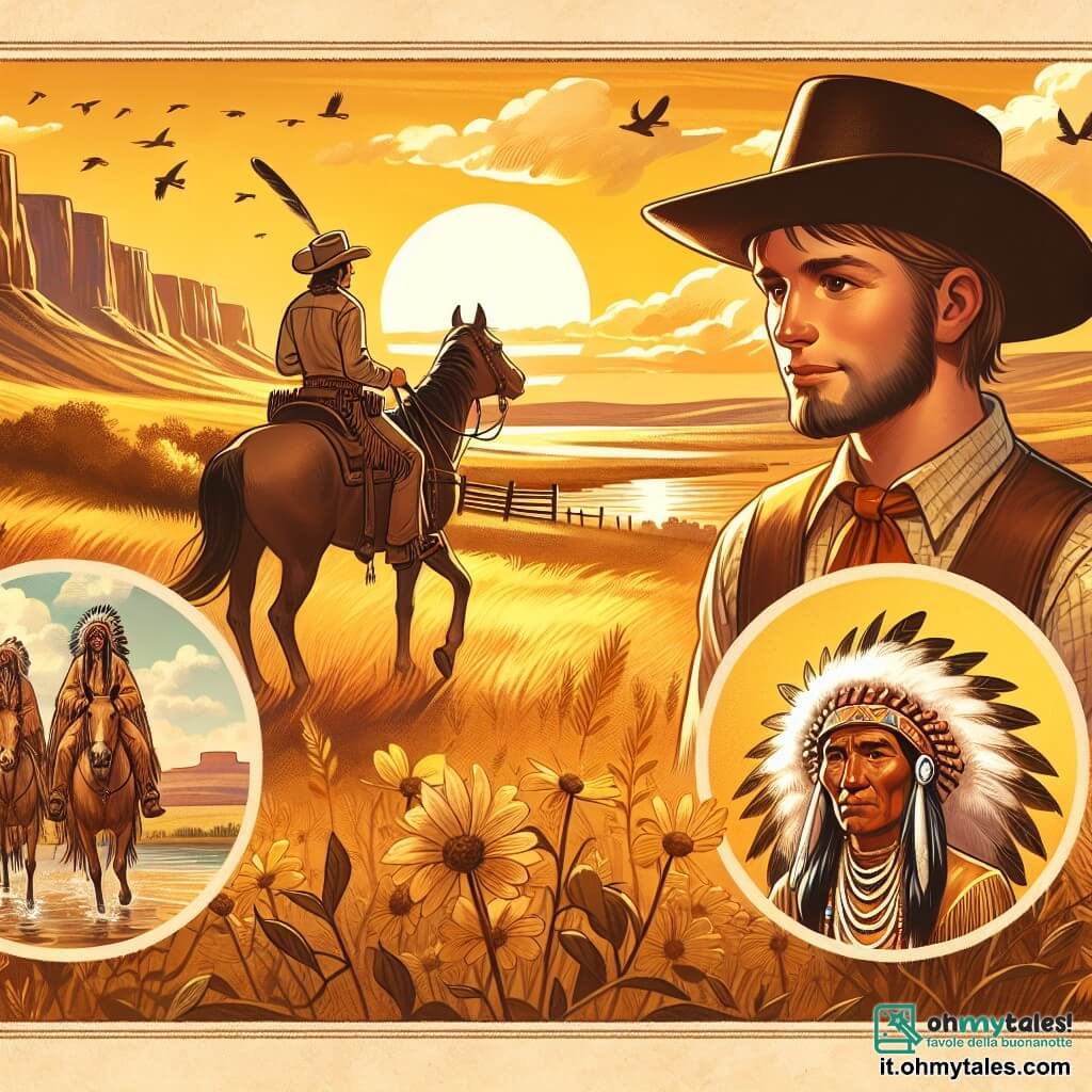 Une illustration destinée aux enfants représentant un jeune cow-boy courageux, une tribu indienne amicale, et les vastes plaines de l'Ouest américain baignées par un coucher de soleil doré.