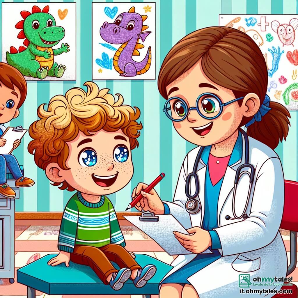 Une illustration sous forme de dessin destinée aux enfants représentant un cabinet médical chaleureux et coloré, avec des murs ornés de dessins d'enfants, où une femme médecin souriante aux cheveux bruns et aux lunettes rondes examine un petit garçon aux yeux pétillants, assis sur une table d'examen, tandis qu'un autre garçon aux cheveux blonds et bouclés, tenant un crayon et un papier, dessine un dragon pour distraire son ami, capturant ainsi l'esprit de camaraderie et de soin dans un moment de guérison.