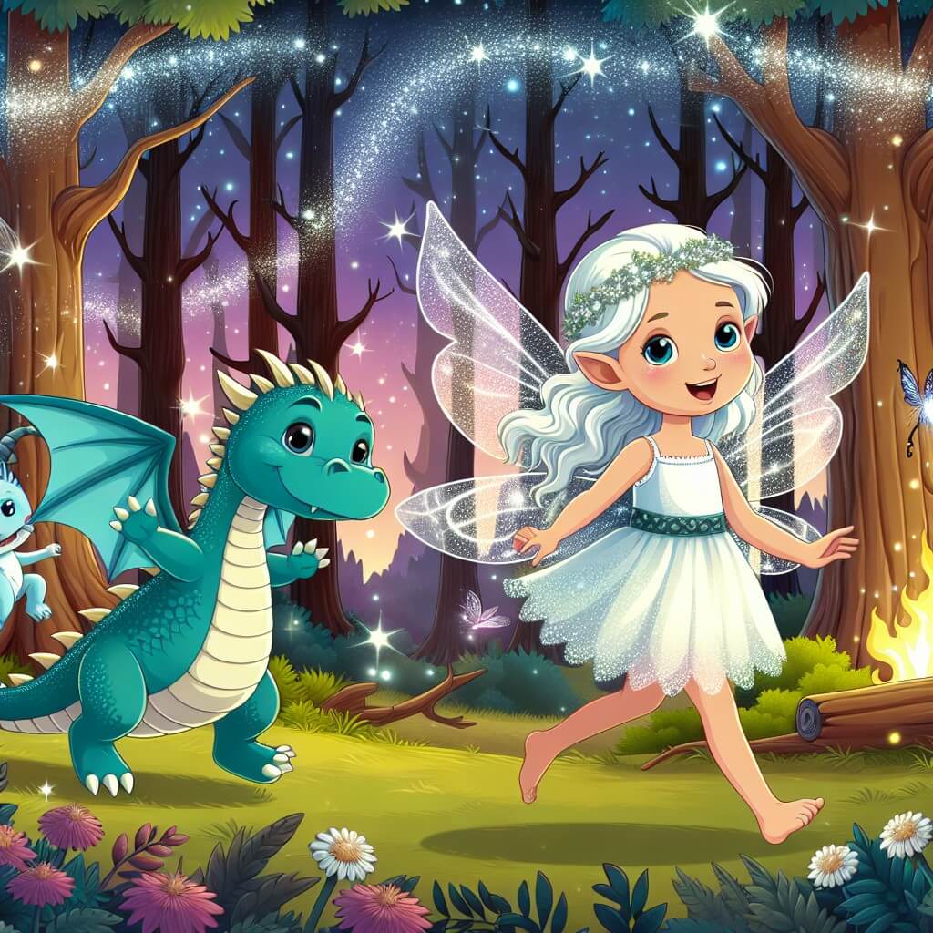 Une illustration destinée aux enfants représentant une fée étincelante, dans une forêt enchantée, accompagnée d'un adorable dragon, vivant une aventure magique dans le royaume des créatures fantastiques.