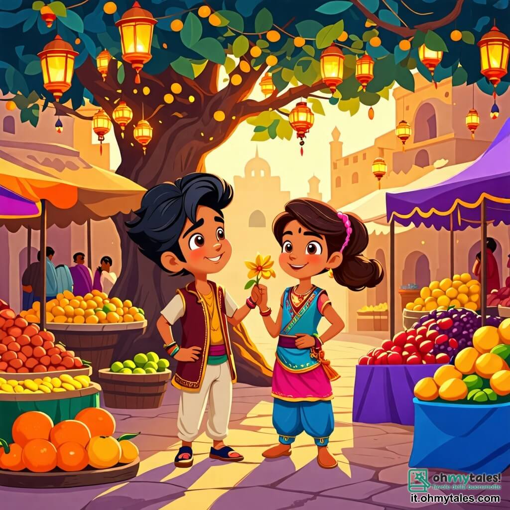 Illustrazione che rappresenta un magnifico bazar colorato di Agrabah, con banchi stracolmi di frutti esotici, tessuti brillanti e lanterne scintillanti. Al centro della scena, un giovane ragazzo dai capelli neri e dagli occhi vivaci, vestito con un gilet senza maniche e pantaloni leggeri, si tiene con un sorriso determinato. Osserva attentamente un albero maestoso, le cui branche sono cariche di fiori brillanti e frutti dorati, simbolo della magia ritrovata. Accanto a lui, una giovane ragazza di circa dodici anni, con lunghi capelli castani e un bel sorriso, indossa un vestito colorato e lo aiuta a raccogliere fiori per nutrire l'albero. Insieme, sono circondati da animali gioiosi, come uccelli colorati e scoiattoli curiosi, che danzano intorno a loro, celebrando la rinascita della natura. L'atmosfera è piena di luce e gioia, con raggi di sole che filtrano tra le foglie, creando un quadro incantevole di vita e armonia.