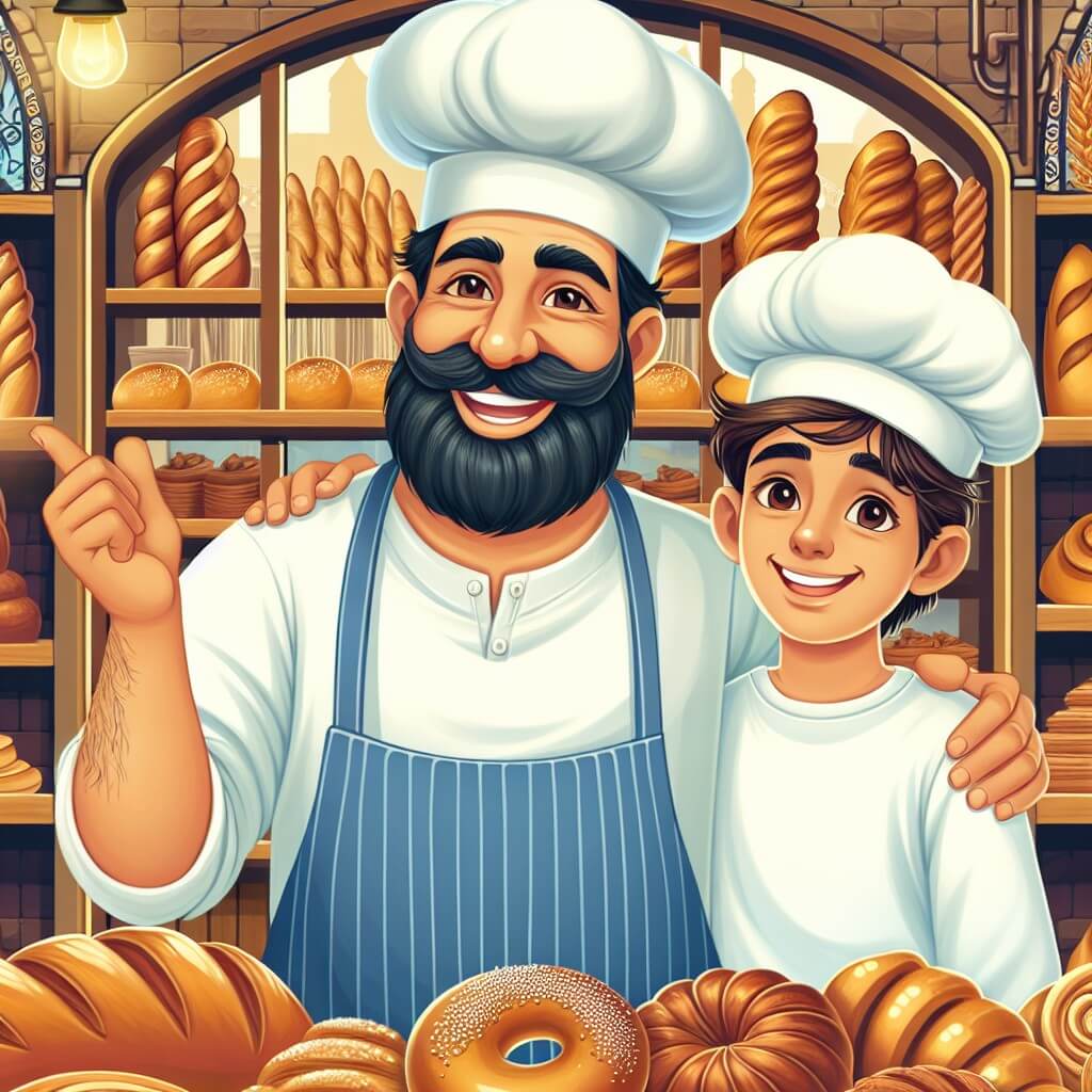 Une illustration destinée aux enfants représentant un boulanger souriant et passionné, accompagné de son fidèle apprenti, dans une boulangerie chaleureuse et accueillante, remplie de pains dorés, de viennoiseries délicieuses et de l'odeur alléchante du pain fraîchement cuit.