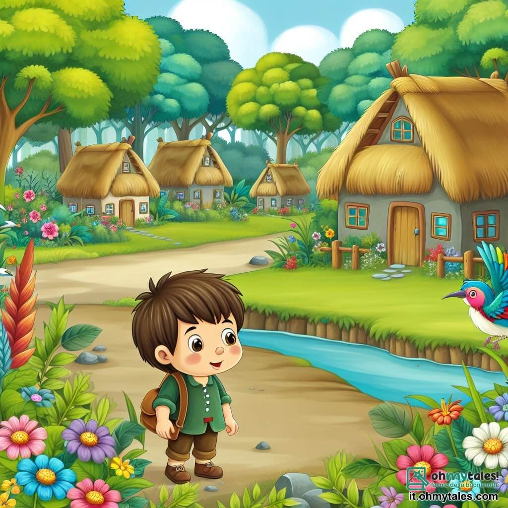 Une illustration destinée aux enfants représentant un jeune garçon curieux, se tenant au bord d'une forêt luxuriante, accompagné d'un oiseau aux plumes multicolores, dans un village paisible avec des maisons aux toits en chaume et des fleurs aux couleurs éclatantes.