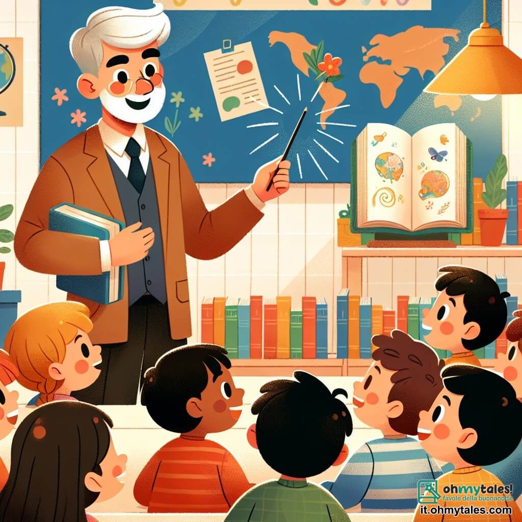 Une illustration destinée aux enfants représentant un instituteur bienveillant (homme) racontant des histoires passionnantes à ses élèves attentifs, avec en toile de fond une salle de classe chaleureuse, remplie de livres colorés, de cartes du monde et de dessins d'animaux rigolos.