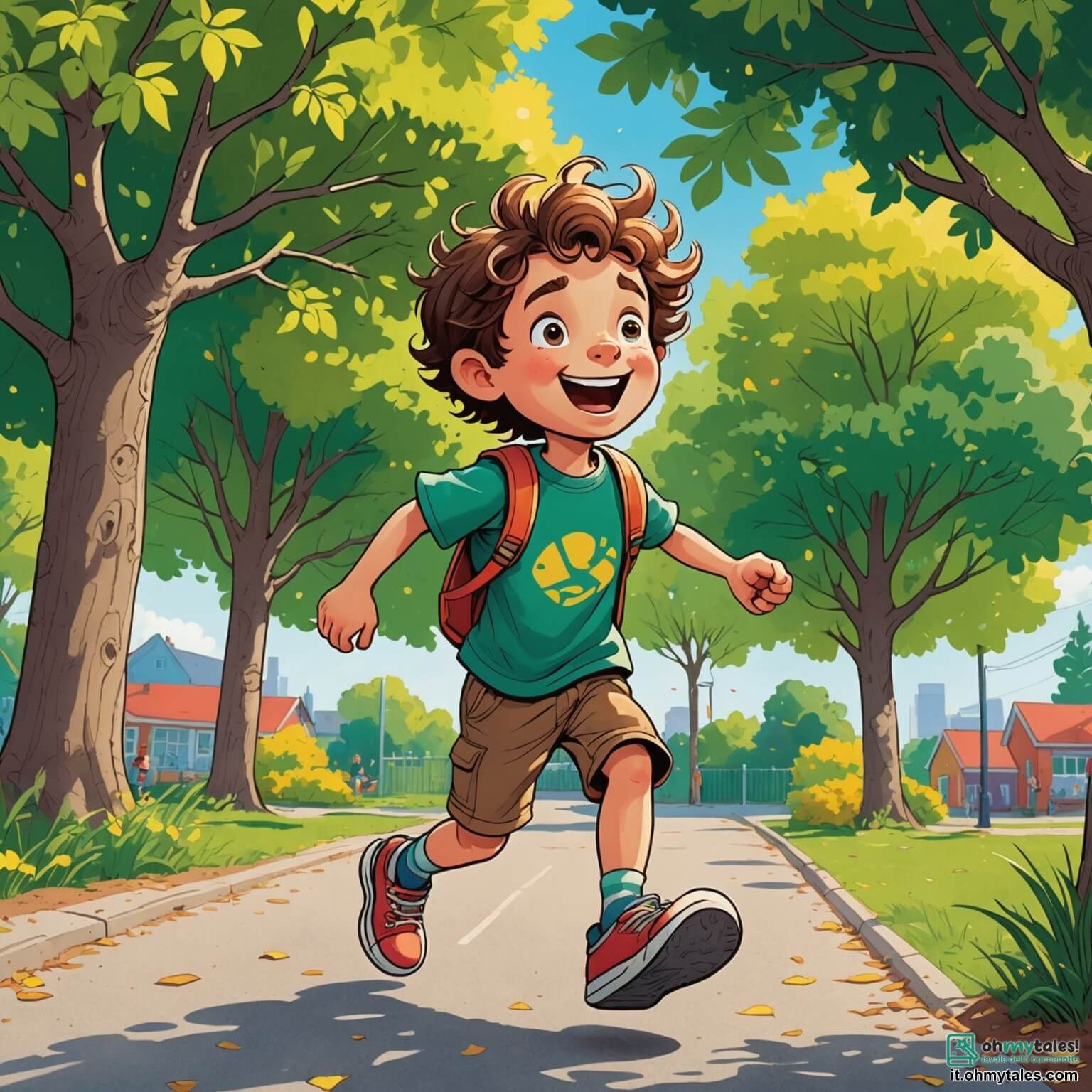 Une illustration destinée aux enfants représentant un garçon espiègle aux cheveux en bataille, toujours prêt à faire rire ses amis avec ses blagues farfelues, qui se retrouve dans une cour d'école colorée, remplie de grands arbres aux feuilles vertes scintillantes sous le soleil, de balançoires grinçantes et de dessins à la craie multicolores sur le sol, où sa meilleure amie, une fille pétillante avec des couettes, l'encourage à organiser un concours de blagues hilarantes.