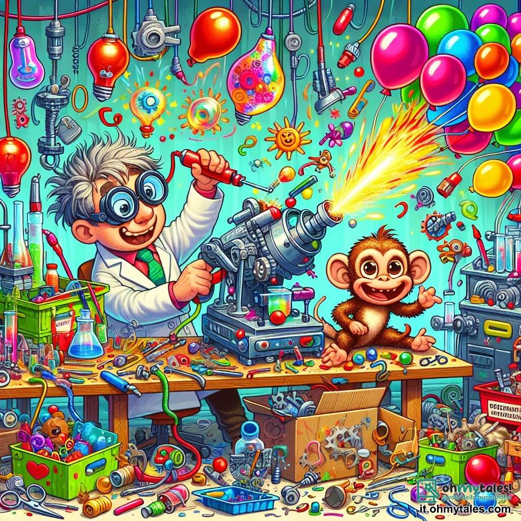 Une illustration sous forme de dessin destinée aux enfants représentant un laboratoire coloré et chaotique rempli d'outils brillants et de machines étranges, où un homme aux cheveux ébouriffés et aux lunettes surdimensionnées, vêtu d'une blouse de laboratoire, est en train de manipuler une machine farfelue qui projette des ballons multicolores dans les airs, tandis qu'une petite scimmia espiègle, avec un pelage brun et des yeux malicieux, s'amuse à attraper les ballons flottants, créant une ambiance joyeuse et ludique au milieu d'un désordre d'inventions.