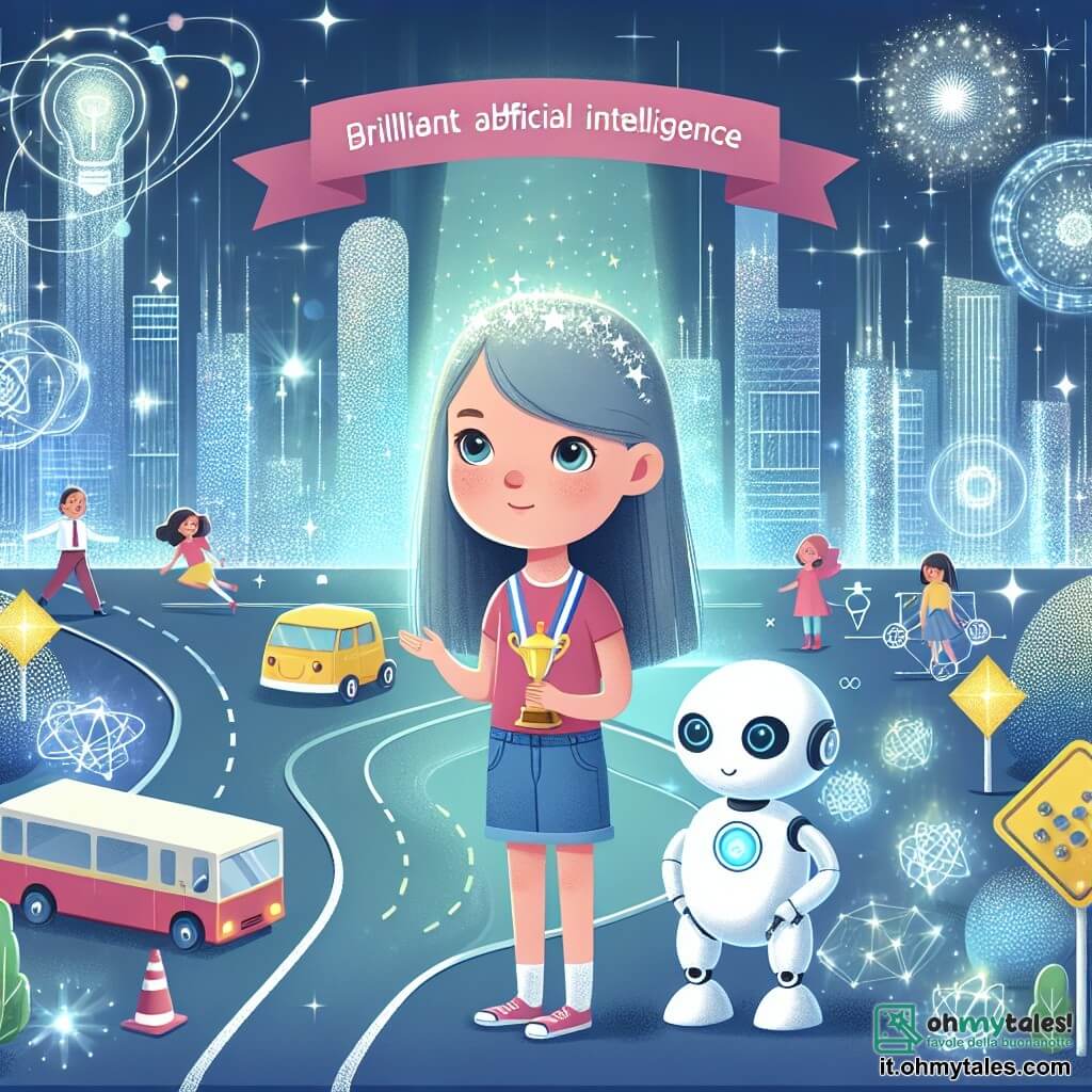 Une illustration destinée aux enfants représentant une jeune fille curieuse participant à un concours de sciences dans une ville futuriste étincelante, accompagnée d'une intelligence artificielle brillante, entourées de gratte-ciel scintillants et de véhicules silencieux.