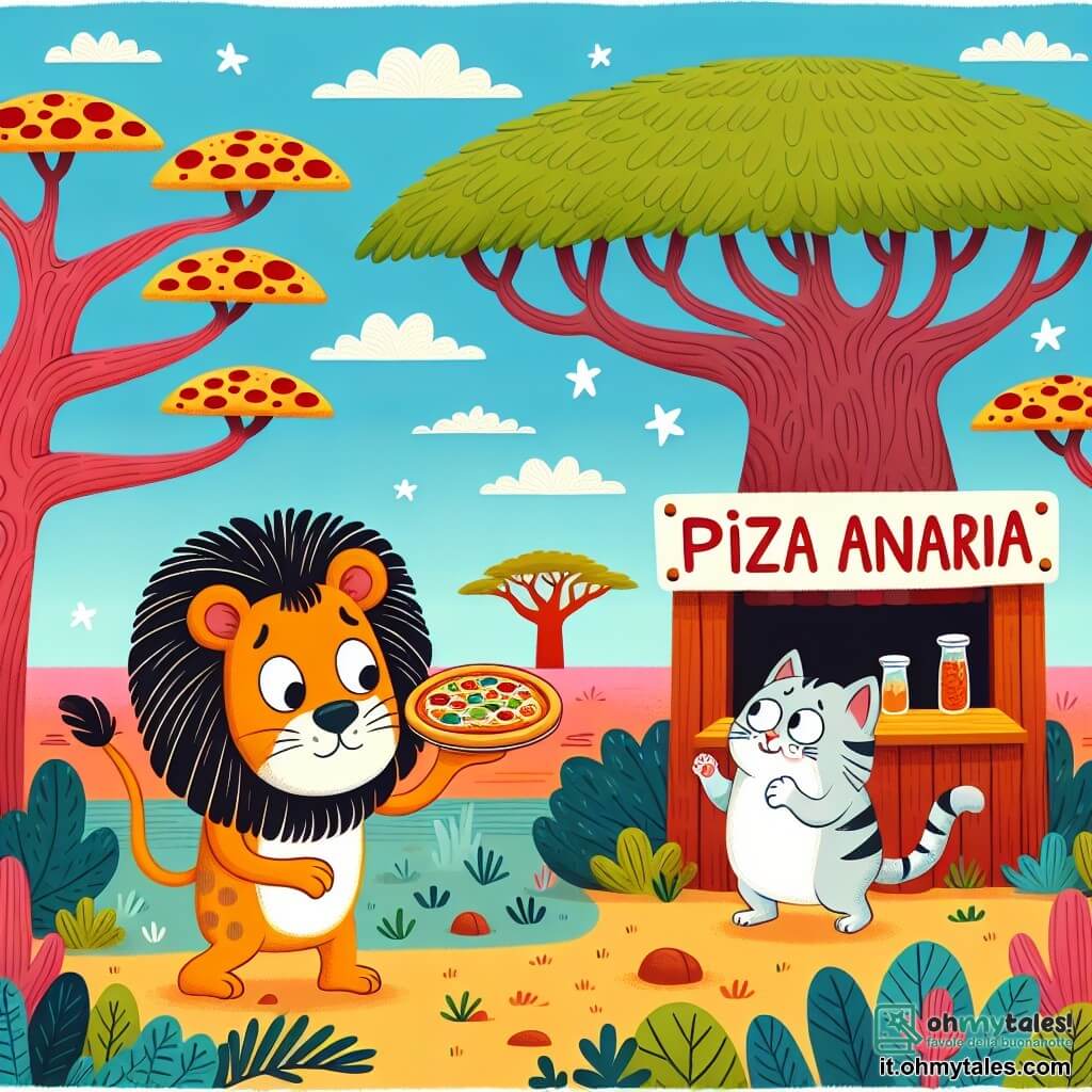 Une illustration destinée aux enfants représentant un lion maladroit découvrant une pizzeria mystérieuse tenue par un chat souriant dans une savane colorée parsemée de baobabs majestueux.