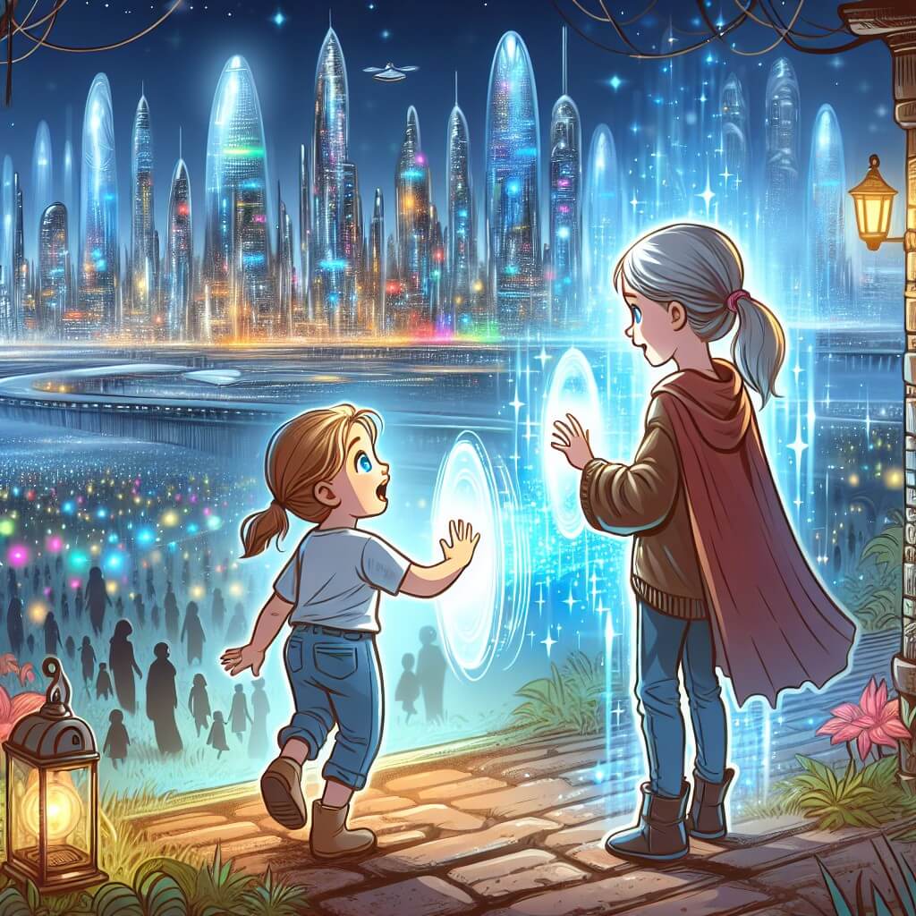 Une illustration destinée aux enfants représentant une jeune fille curieuse, émerveillée par une ville futuriste scintillante, qui fait la découverte d'un appareil de téléportation et se lie d'amitié avec une enfant orpheline du passé, dans la magnifique et technologique ville de Cristallo.