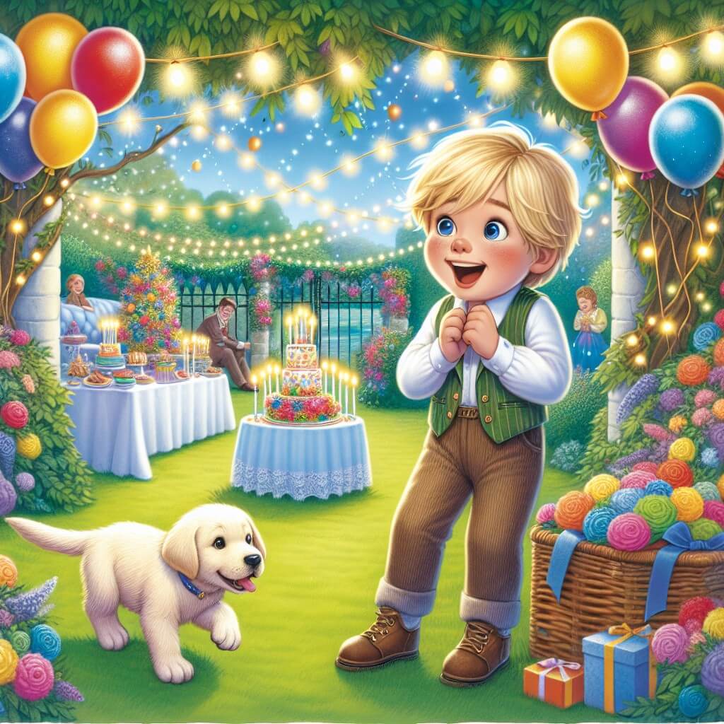 Une illustration destinée aux enfants représentant un jeune garçon, plein d'excitation, découvrant une fête surprise dans un jardin enchanté, entouré de ballons colorés, de guirlandes scintillantes et d'un adorable chiot Labrador Retriever.