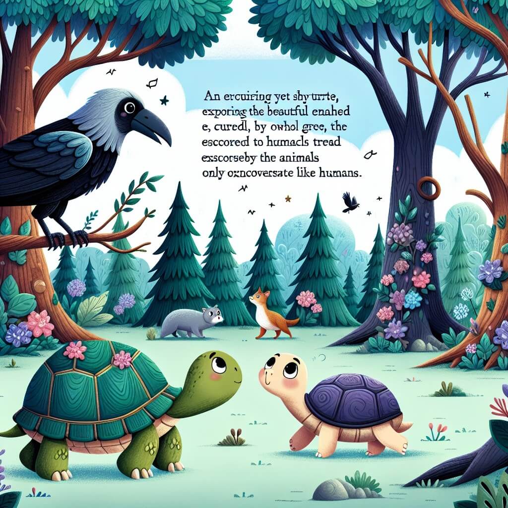 Une illustration destinée aux enfants représentant une tortue curieuse et timide qui explore un magnifique bosquet enchanté, accompagnée d'un sage corbeau, dans un endroit où les arbres majestueux se dressent haut dans le ciel et où les animaux parlent comme les humains.