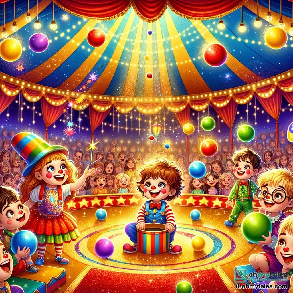 Illustrazione che rappresenta una scena vibrante all'interno di un grande tendone da circo, pieno di colori vivaci. Il pavimento è coperto di glitter dorati e tappeti rossi, mentre luci scintillanti illuminano il soffitto a forma di cupola. Al centro, un grande cerchio di spettacolo è circondato da spettatori meravigliati. Un ragazzo di circa 10 anni, con i capelli castani arruffati e un sorriso splendente, indossa un cappello da clown colorato e tiene una palla rossa in mano. Accanto a lui, una ragazza di 9 anni, con i capelli biondi intrecciati, indossa un costume da giocoliere scintillante e ride di gusto, pronta a lanciare un'altra palla. Un altro ragazzo, di circa 11 anni, con occhiali e lentiggini, guarda con occhi spalancati, tenendo un grosso popcorn tra le mani. La scena mostra il momento in cui i bambini, diventati assistenti del grande giocoliere, si preparano a lanciare palle colorate in aria, creando un'atmosfera di gioia ed eccitazione. Sullo sfondo, un clown con un naso rosso e un ampio sorriso balla felicemente, aggiungendo all'atmosfera festiva. Bandiere colorate fluttuano sopra di loro e stelle dorate brillano intorno, catturando lo spirito magico del circo.