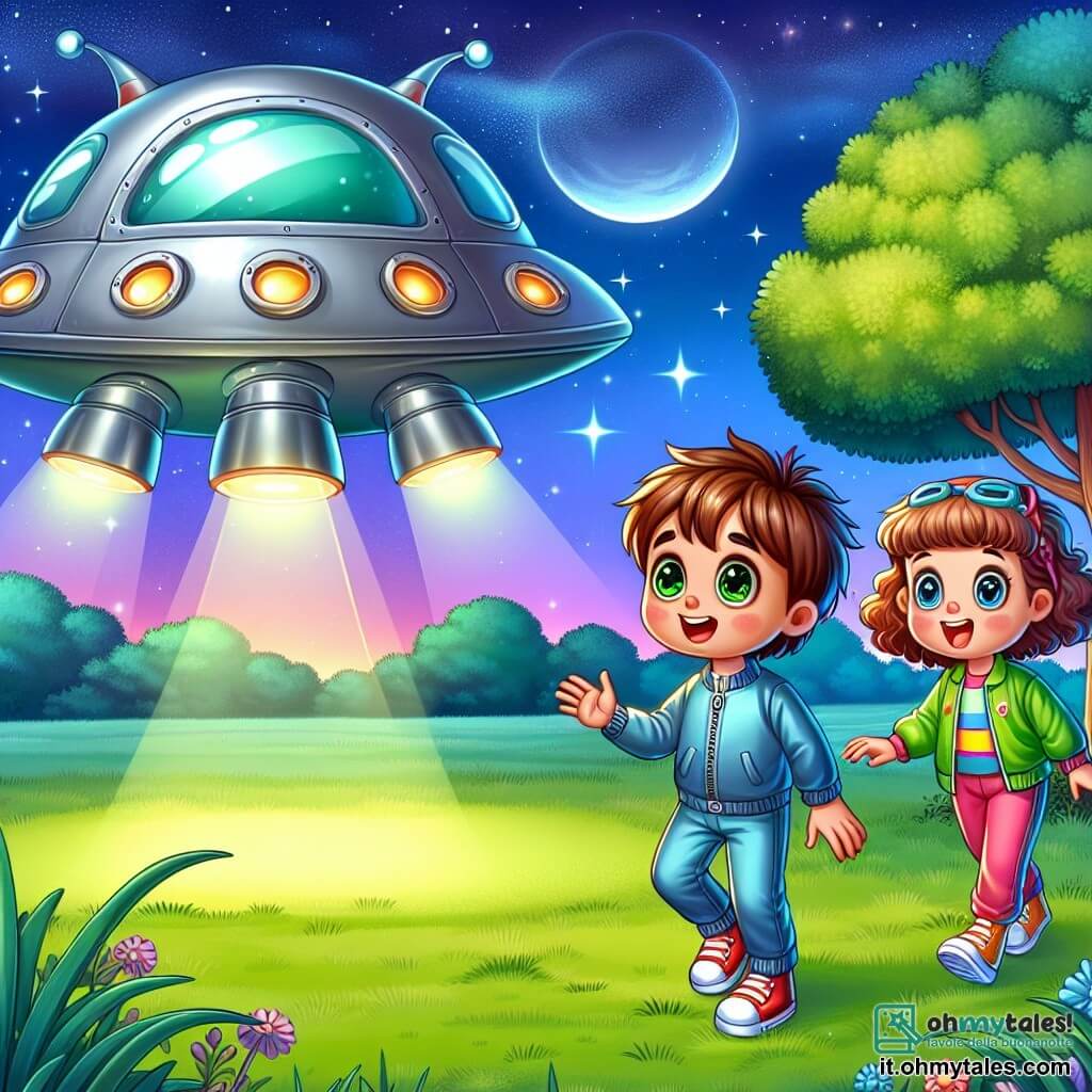 Une illustration sous forme de dessin destinée aux enfants représentant un champ verdoyant sous un ciel étoilé, où un garçon de 11 ans aux cheveux bruns en bataille et aux yeux pétillants d'excitation se tient devant une astronave alien argentée, tandis qu'une fille aux cheveux bouclés et aux yeux vifs, vêtue d'une combinaison spatiale colorée, l'encourage avec un sourire, alors qu'ils se préparent à entrer dans la mystérieuse vaisseau pour une aventure intergalactique.