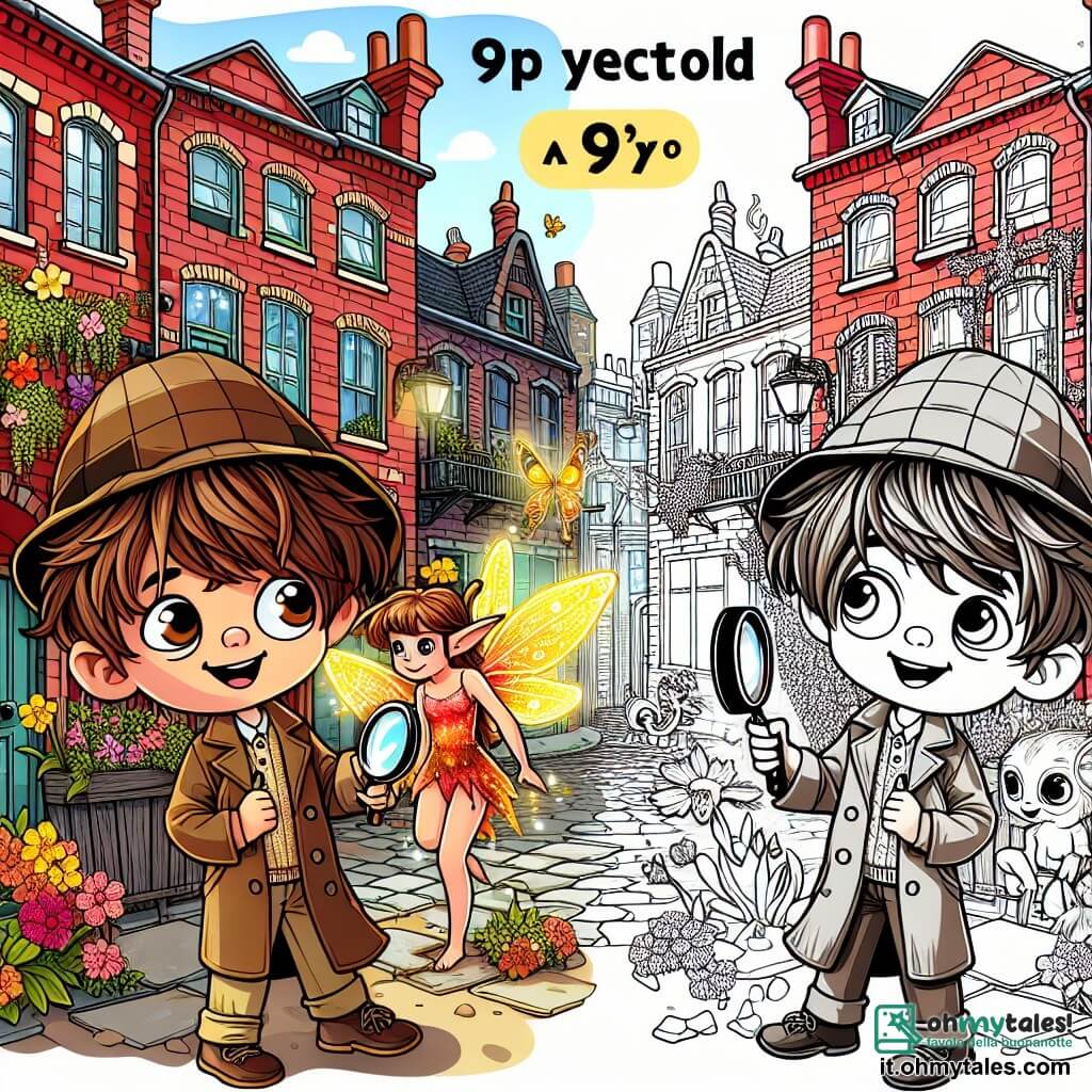 Une illustration sous forme de dessin destinée aux enfants représentant un vieux quartier urbain aux bâtiments en briques rouges, où un garçon de 9 ans aux cheveux bruns en bataille et aux yeux pétillants explore un étroit vicolo, tenant une lentille d'agrandissement dans une main, tandis qu'un petit follet aux ailes scintillantes et aux cheveux dorés danse joyeusement autour de lui, alors qu'ils se préparent à affronter un maléfique sorcier pour récupérer un cristal magique, avec des fleurs colorées et des créatures fantastiques émergeant des ombres environnantes.
