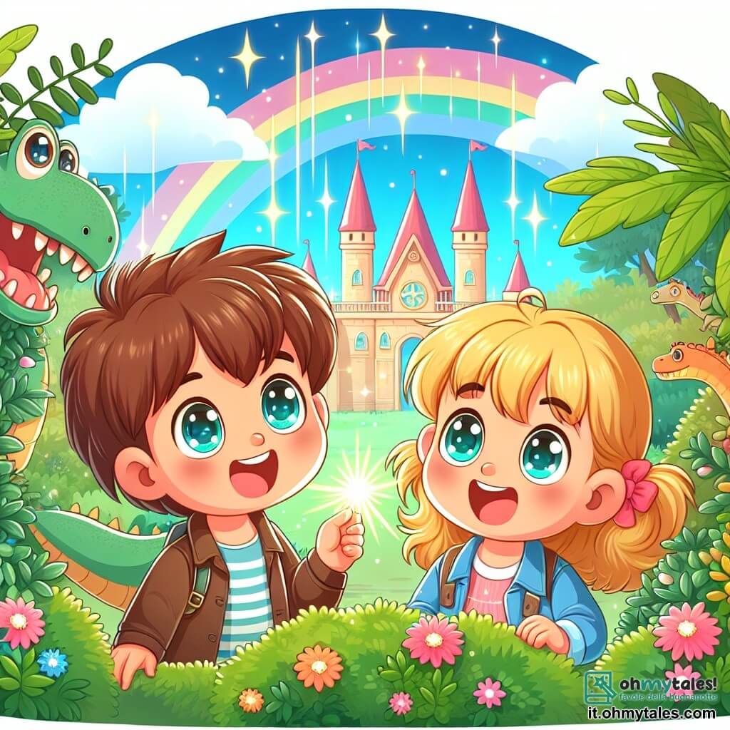 Une illustration sous forme de dessin destinée aux enfants représentant un jardin magique aux couleurs vives, avec un petit garçon de 3 ans aux cheveux bruns et aux yeux pétillants, qui s'émerveille devant une lumière scintillante émanant d'un buisson, tandis qu'à ses côtés, une petite fille de 3 ans aux cheveux blonds et aux couettes sourit joyeusement, tous deux prêts à vivre une aventure incroyable dans un monde de dinosaures et de châteaux, symbolisant leur voyage dans le temps.