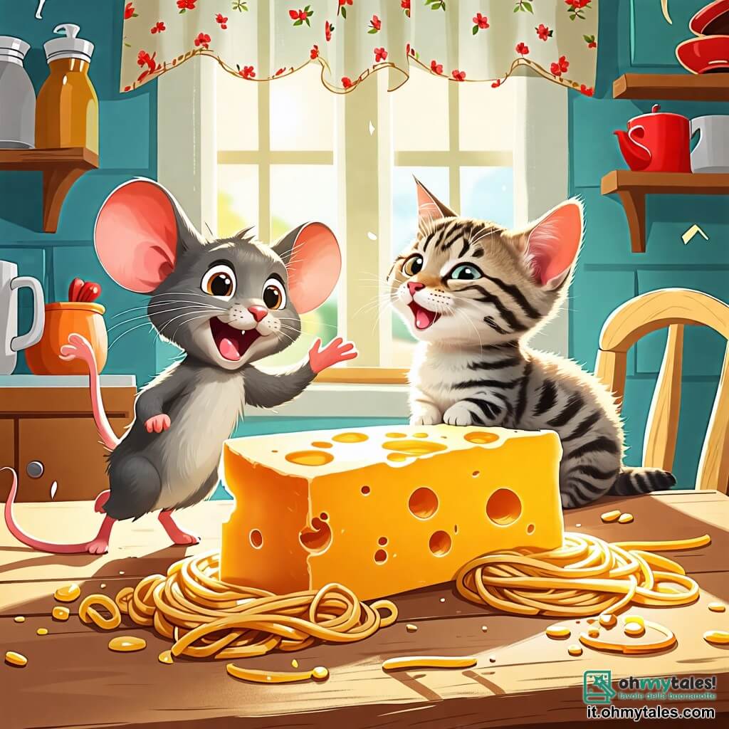 Une illustration sous forme de dessin destinée aux enfants représentant une cuisine chaleureuse avec un grand morceau de fromage sur une table en bois, où une petite souris grise aux grandes oreilles et aux yeux pétillants, couverte de spaghetti, saute joyeusement, tandis qu'un gattino tigré aux yeux malicieux, assis sur une chaise, rit en la regardant, le tout baigné dans une lumière douce et colorée, évoquant une atmosphère ludique et amusante.