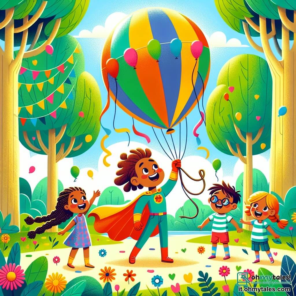 Illustrazione che rappresenta un parco soleggiato, pieno di grandi alberi con foglie verdi brillanti e fiori colorati. Al centro, un uomo dai capelli castani e ricci, vestito con un costume da supereroe colorato e una mantella fluttuante, soffia con entusiasmo per creare un enorme pallone festivo che si alza nel cielo. Nelle vicinanze, due bambini, una ragazza di circa 8 anni con trecce e un sorriso splendente, e un ragazzo di 7 anni con occhiali e una maglietta a righe, guardano con meraviglia il pallone gigante. La scena trasmette un'atmosfera gioiosa e ludica, con risate e scoppi di colori, mentre il pallone fluttua sopra di loro, aggiungendo un tocco di magia a questo momento di amicizia.