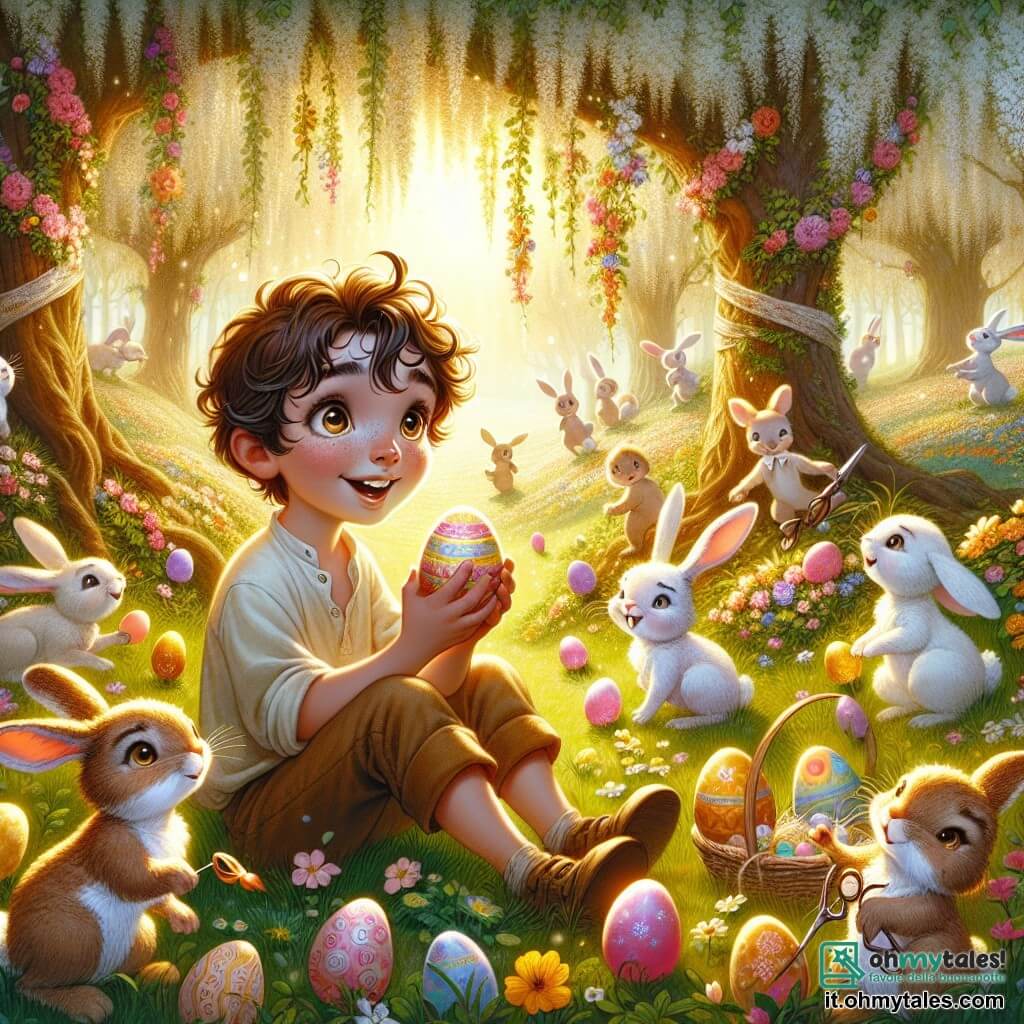 Illustrazione che rappresenta una radura incantata, immersa in una luce dorata, circondata da alberi con tronchi di zucchero filato e fiori colorati che cantano dolcemente. Al centro, un ragazzo di 11 anni, con capelli castani ricci e occhi scintillanti di curiosità, è accovacciato, tenendo un uovo decorato con colori vivaci, con un grande sorriso sul volto. Accanto a lui, diversi coniglietti con pellicce varie, alcuni bianchi come la neve, altri maculati di marrone, saltellano gioiosamente intorno a lui, tenendo forbici e pennelli, pronti a decorare altri uova. La scena emana un'atmosfera di festa e magia, con ghirlande di fiori appese agli alberi e uova brillanti nascoste nell'erba. Risate e gioia fluttuano nell'aria, creando un'atmosfera festosa e calorosa.