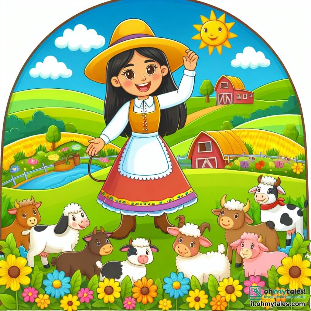 Une illustration destinée aux enfants représentant une agricultrice souriante, découvrant une ferme animée avec des animaux joyeux et des champs colorés, dans la campagne verdoyante et ensoleillée.