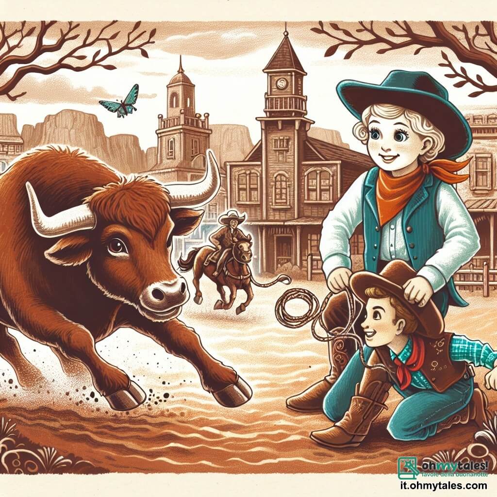 Une illustration destinée aux enfants représentant une jeune cow-girl courageuse affrontant un toro sauvage lors d'un rodeo dans la pittoresque ville poussiéreuse de Dusty Creek, accompagnée d'un cow-boy amical aux yeux pétillants.
