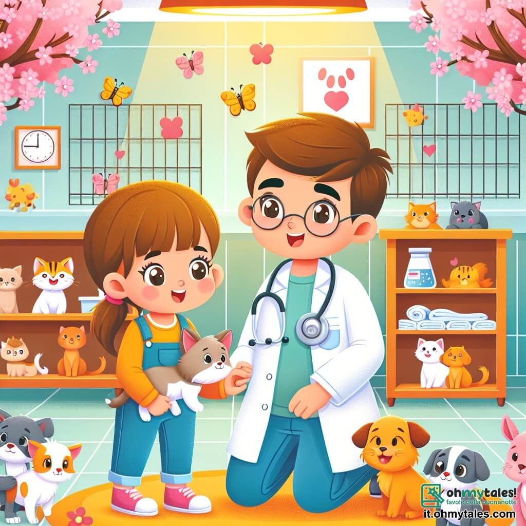 Une illustration destinée aux enfants représentant un vétérinaire aimant les animaux, un garçon, aidant une petite fille curieuse à soigner les animaux dans une clinique vétérinaire chaleureuse et colorée située au cœur de la ville de Monteluna, pleine de fleurs et d'animaux enjoués.